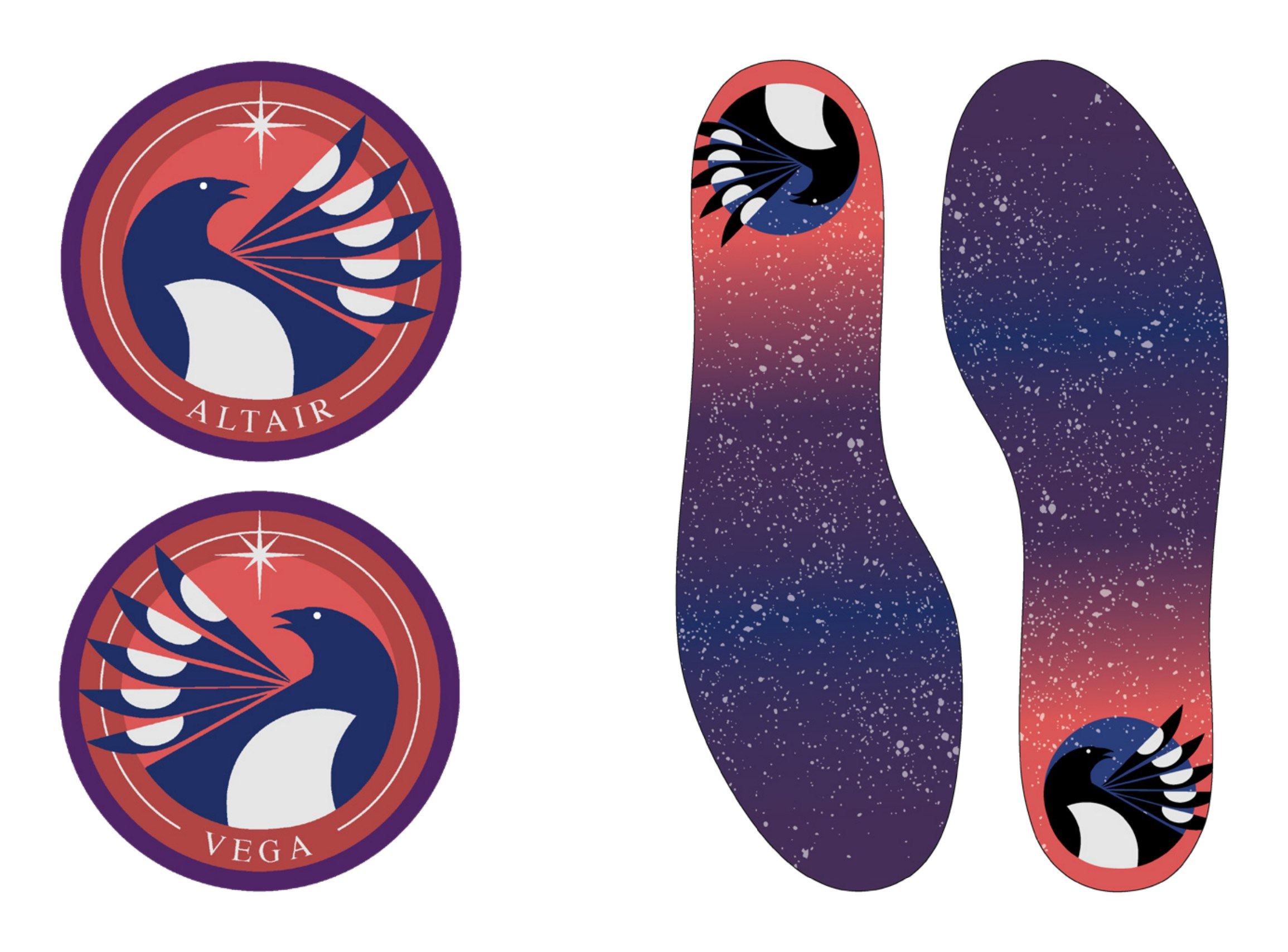 Two round badges with a stylized magpie, labeled Altair and Vega, beside a pair of starry insoles fading from purple to coral with magpie heel graphics.