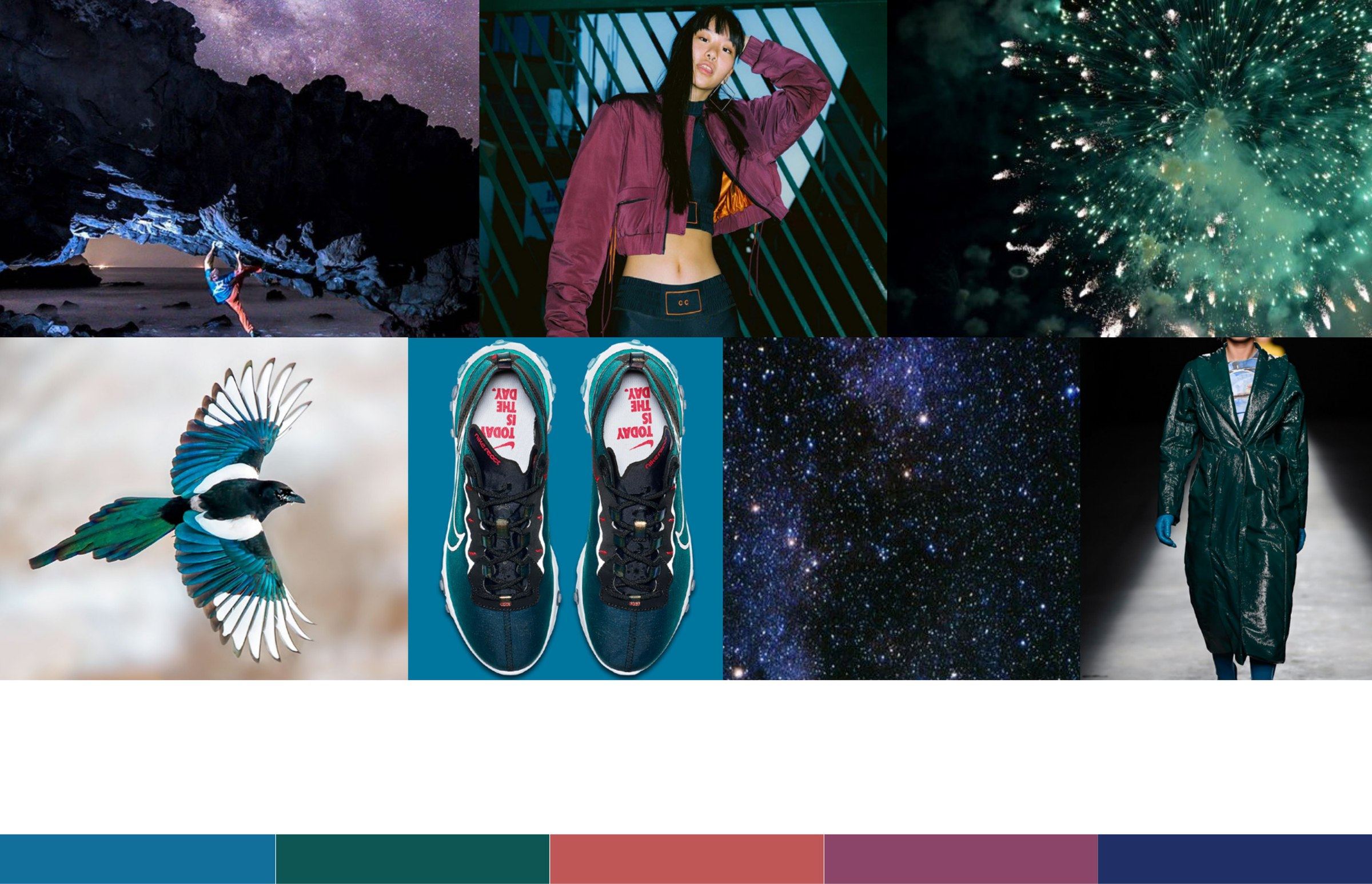 Mood board of night skies, fireworks, a magpie in flight, and dark fashion and footwear, above a palette of teal, green, coral, plum, and navy.