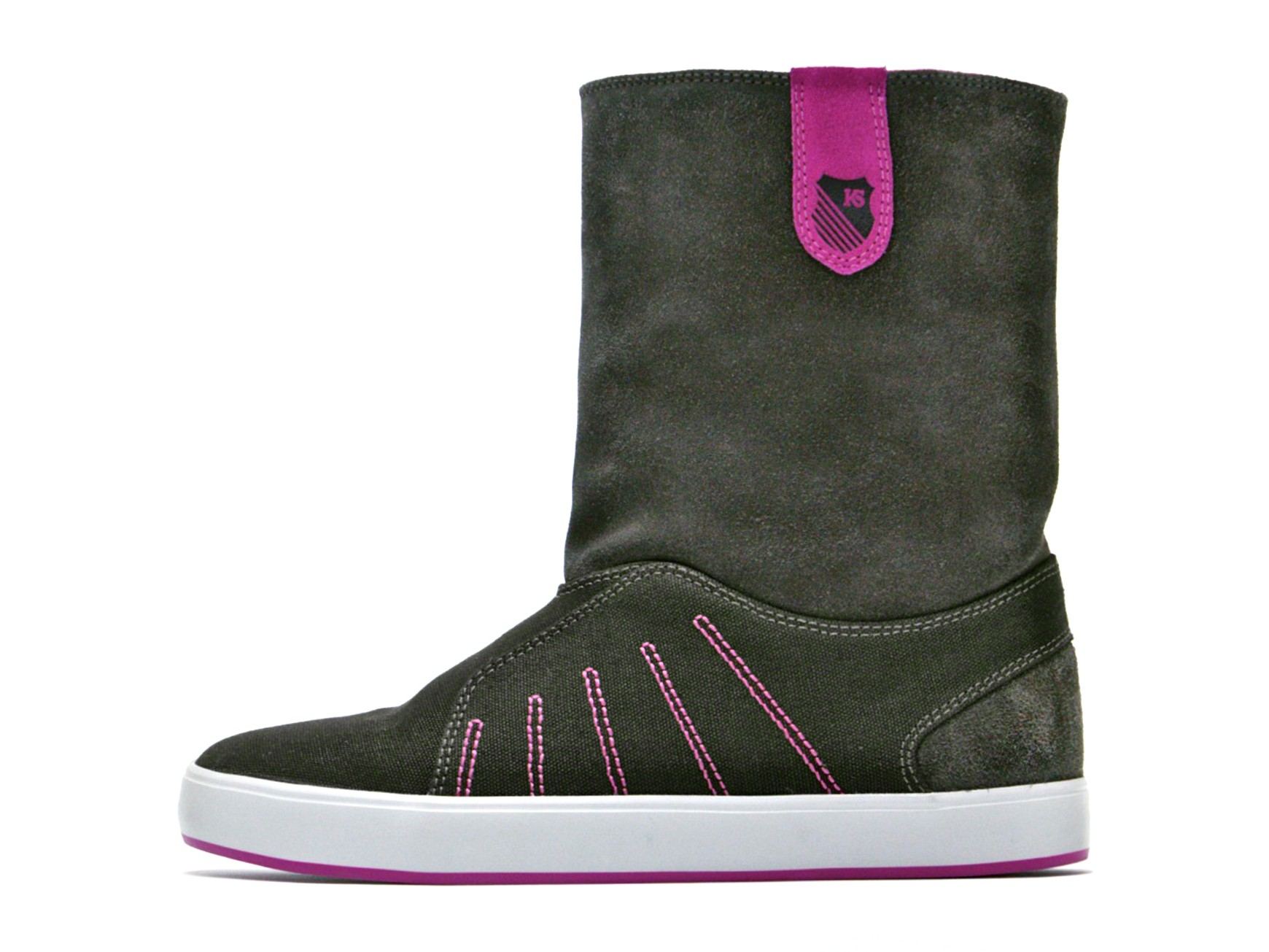 The Mid-City Boot in olive suede with a magenta pull tab, magenta stitched stripes and a magenta sole line.