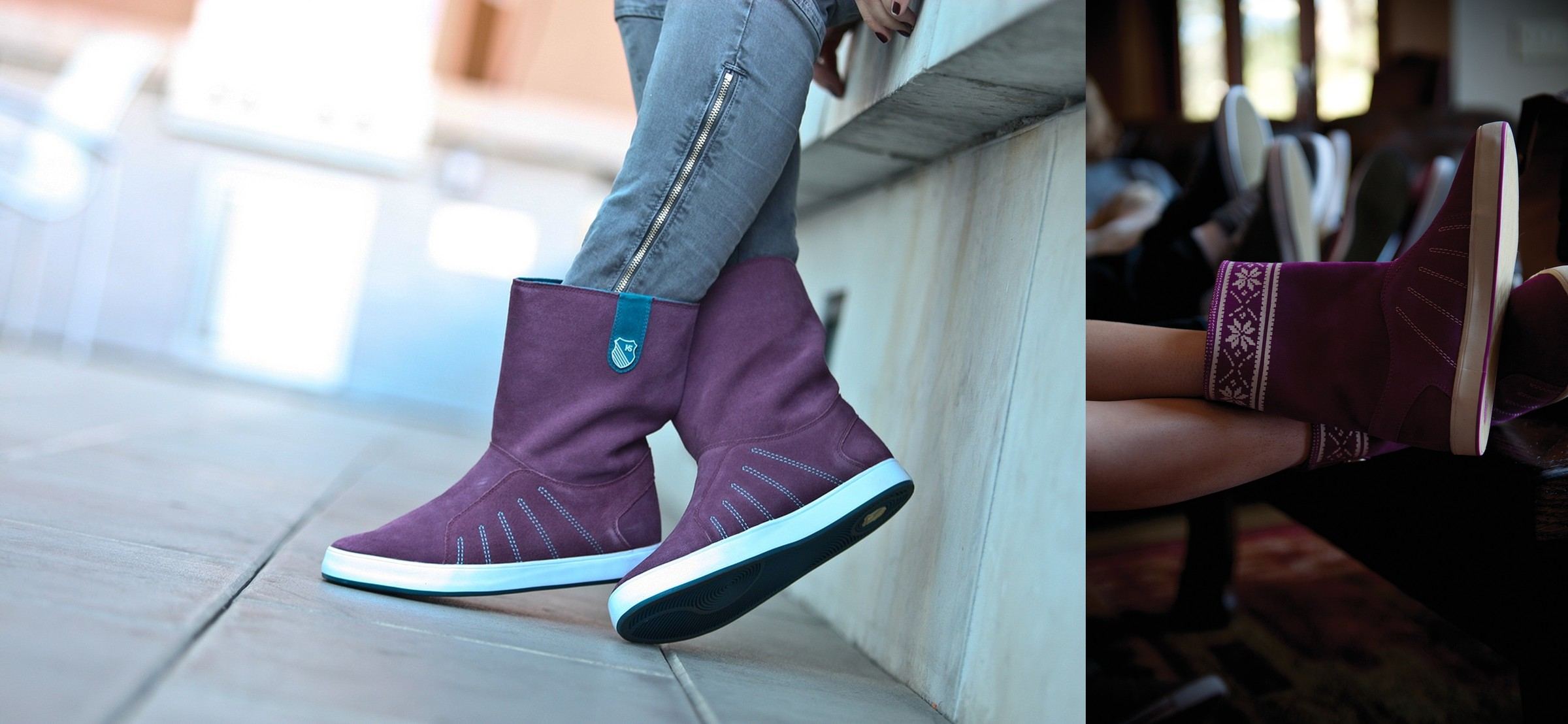 A plum Mid-City Boot worn against a white wall, beside a plum Fair Isle Mid-City Boot worn with legs crossed in a dark lodge.