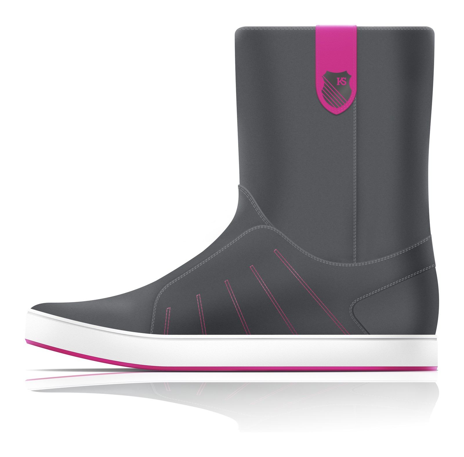 Render of the Mid-City Boot in grey with a magenta pull tab and magenta stitched stripes.
