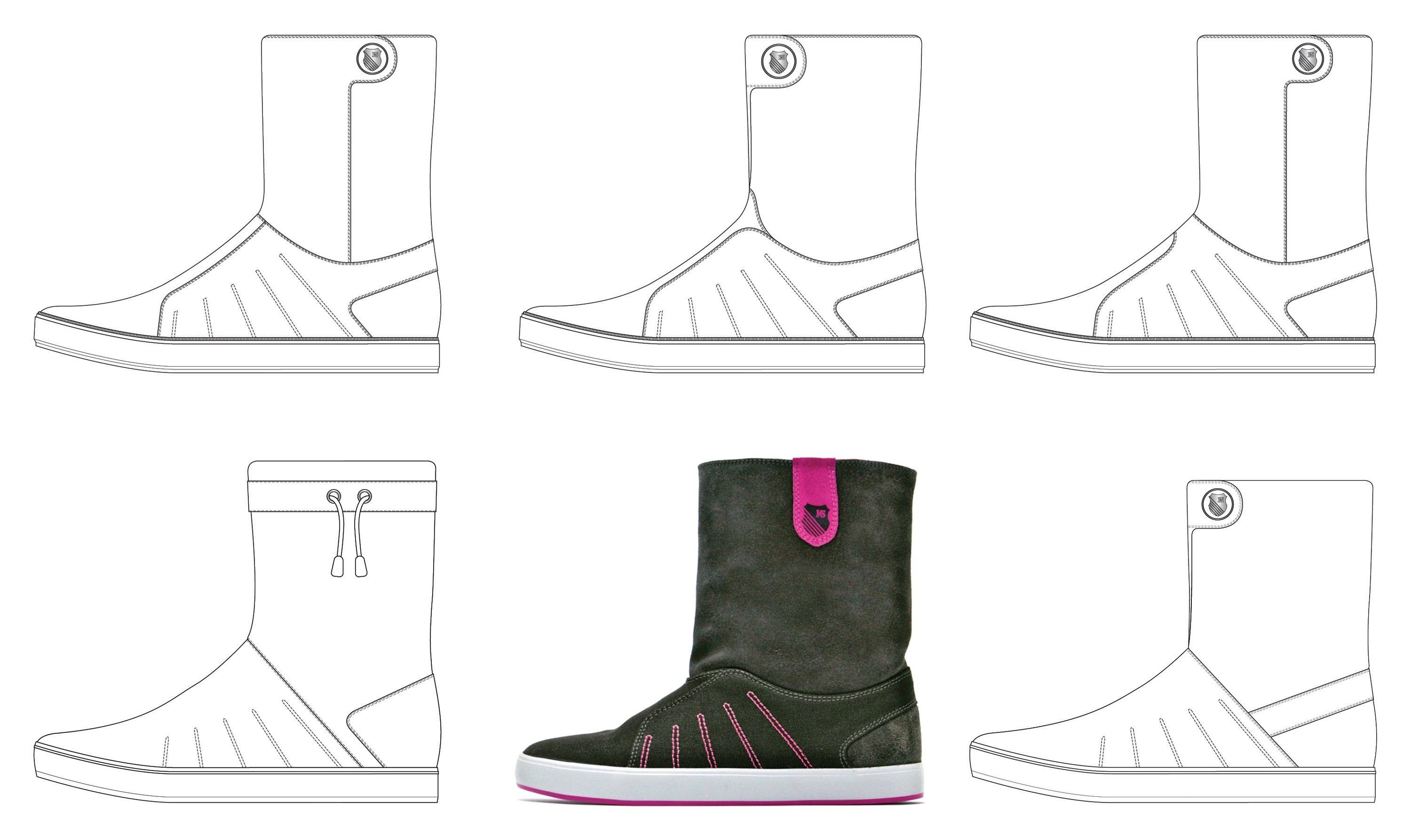 Line drawings of the Mid-City Boot, a fold-down suede boot, testing pull tabs, zips and shield placements, with the olive sample in place of one drawing.