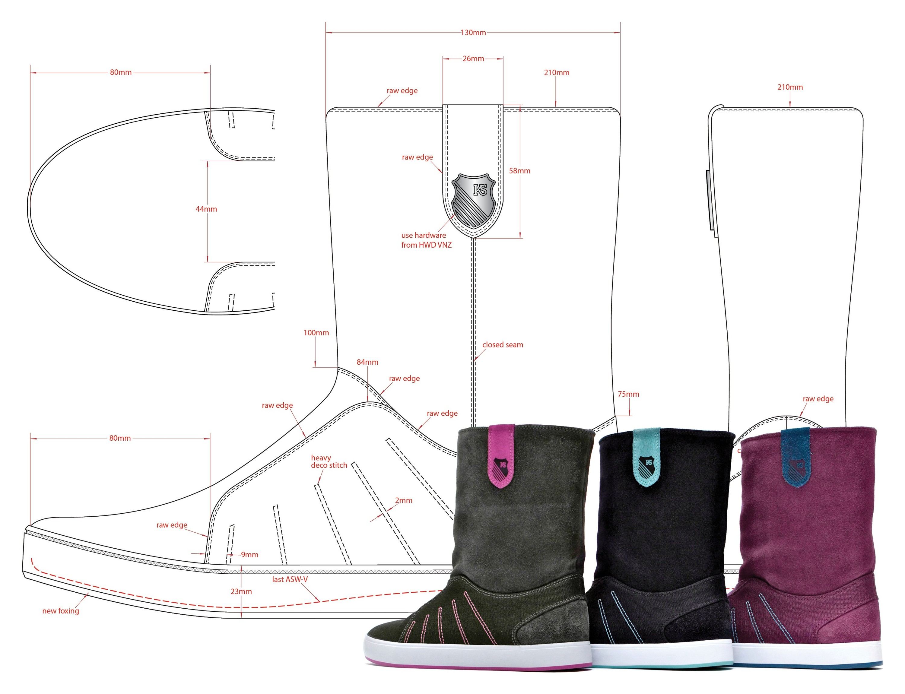 Tech drawings of the Mid-City Boot, side, heel and top, beside three boots in olive, black and plum.