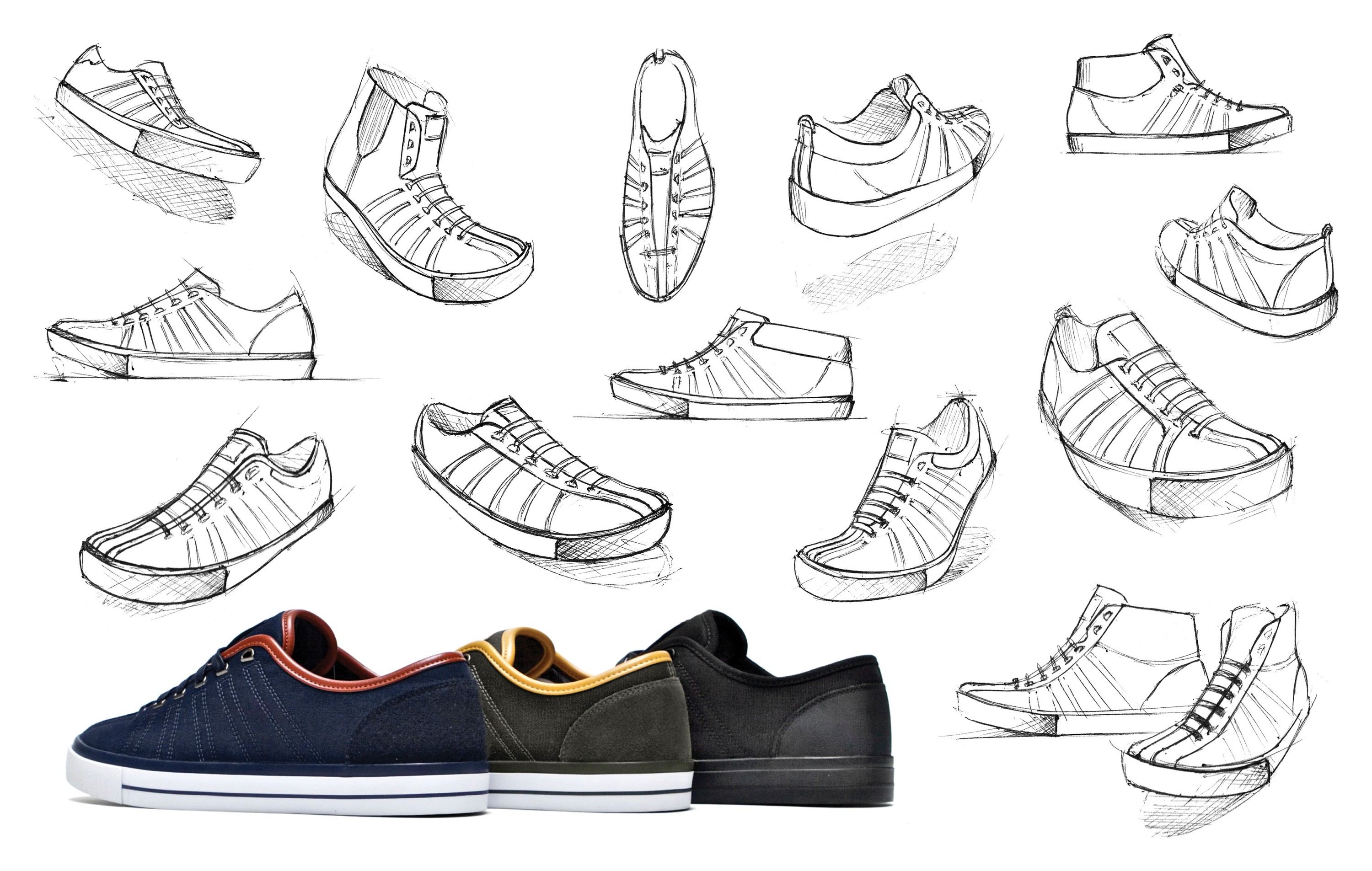 Pencil sketches of the CA Classic in side and perspective views, low and mid, above the navy, olive and black lows.