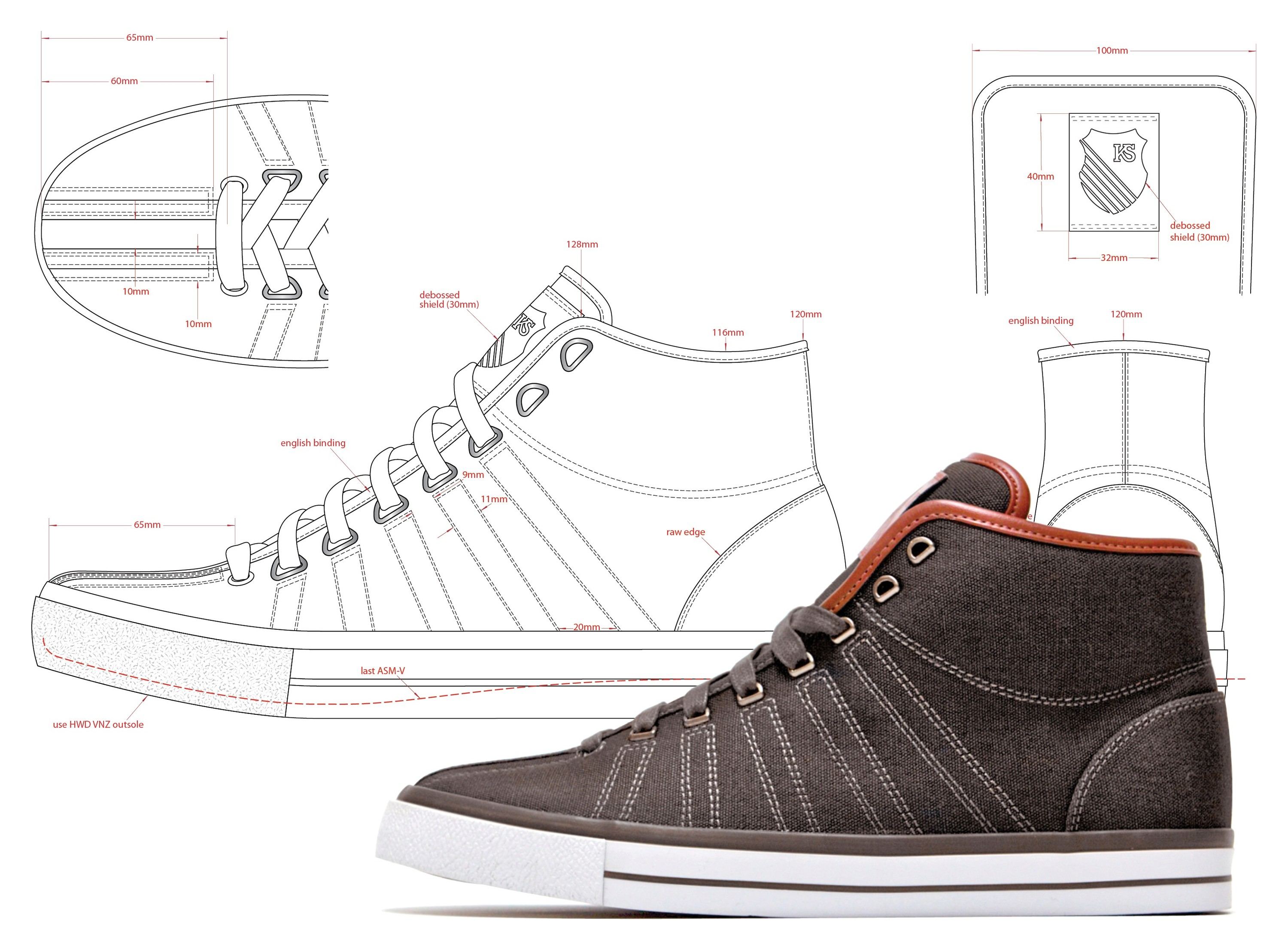 Tech drawings of the CA Classic Mid, side, heel, top and tongue, beside the brown canvas sample with a leather collar.