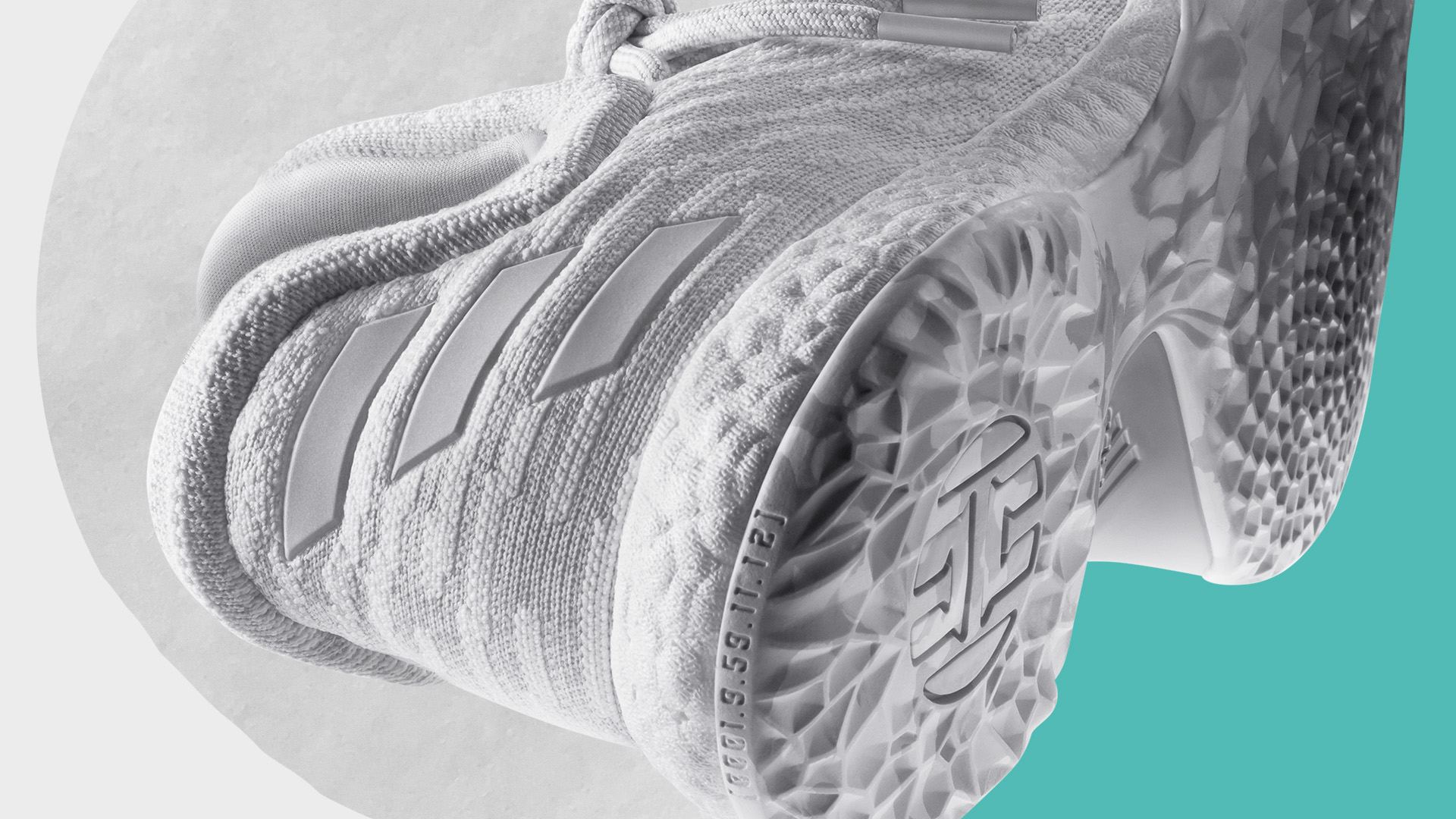 Harden LS white colorway from the heel with the outsole and H logo.