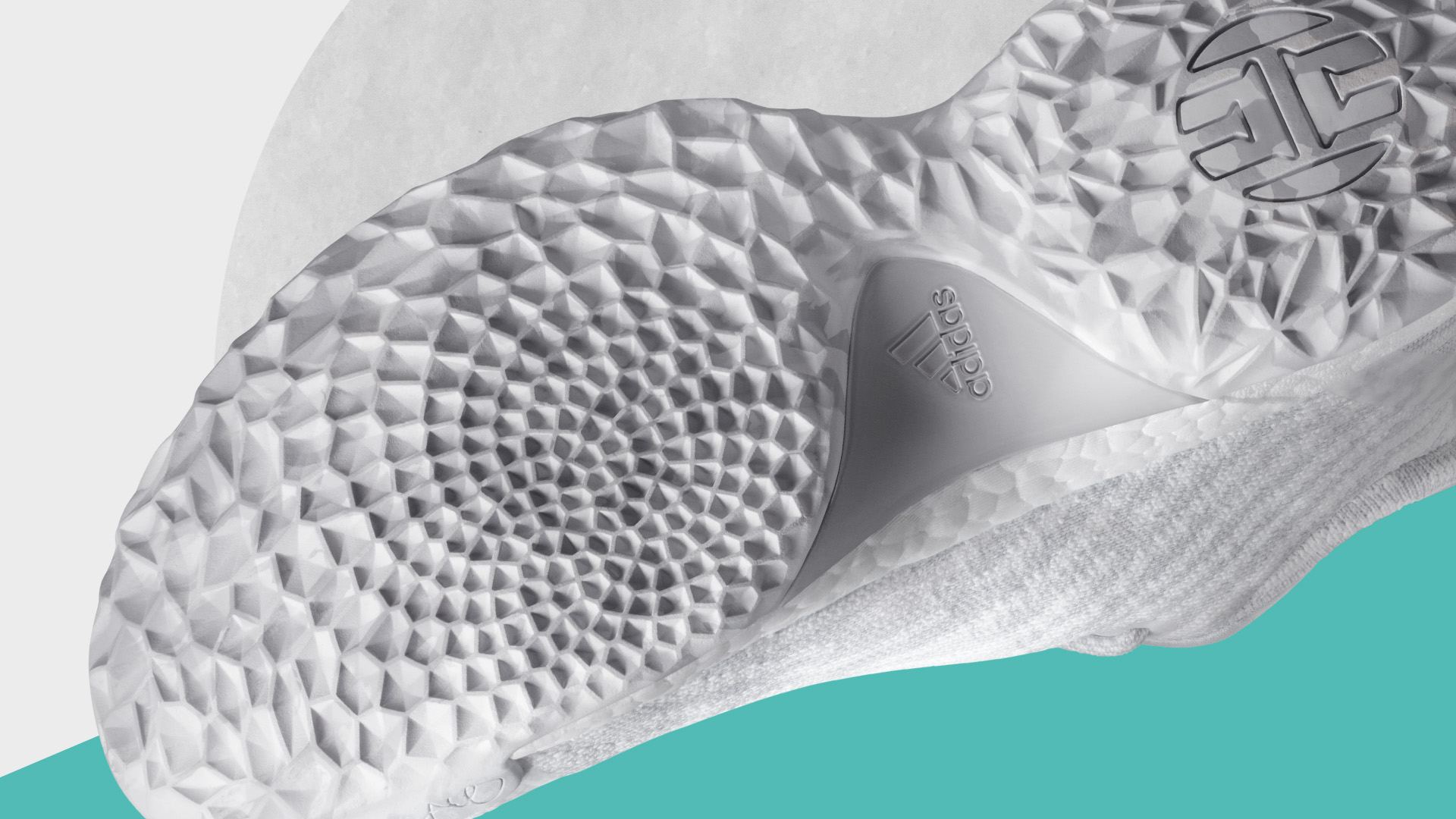 Harden LS white colorway outsole with a radial traction pattern.