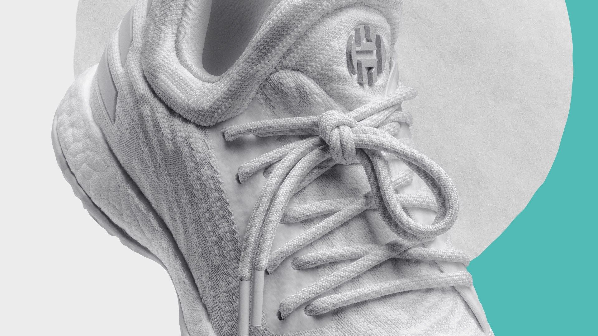 Harden LS white colorway, tongue logo and lacing.