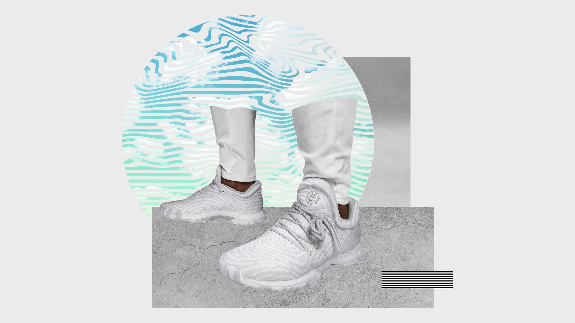 Harden LS in white worn on foot against a graphic collage backdrop.