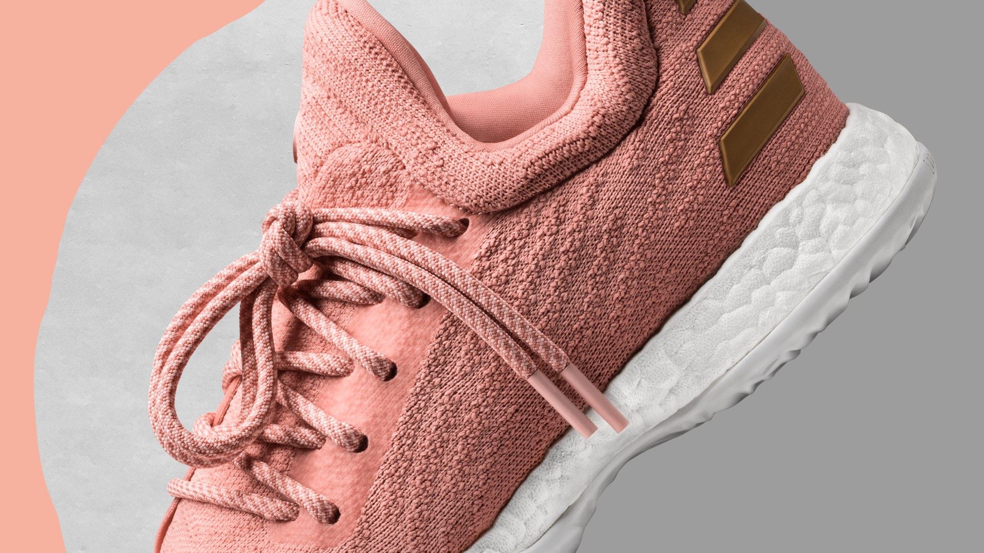 Harden LS in pink knit with copper stripes on a white Boost midsole.