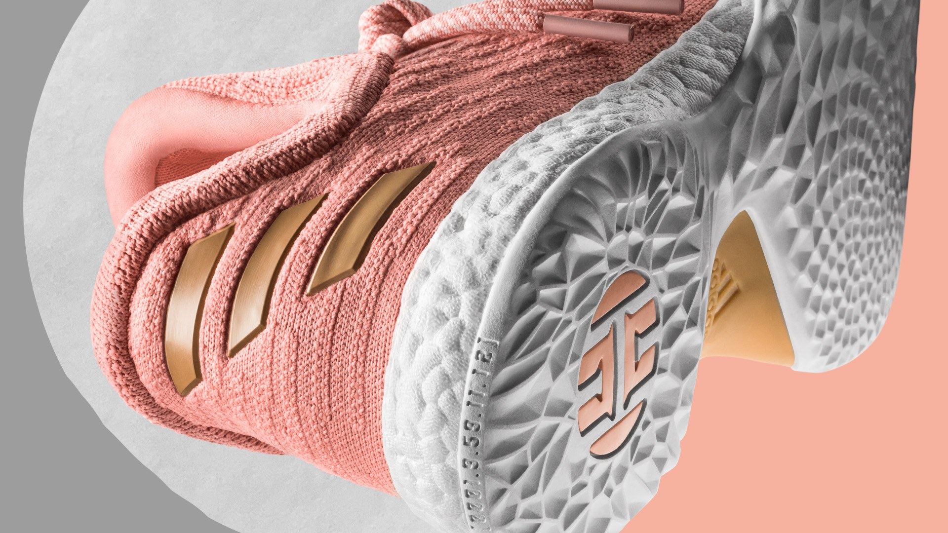 Harden LS pink colorway from the heel with the outsole and H logo.