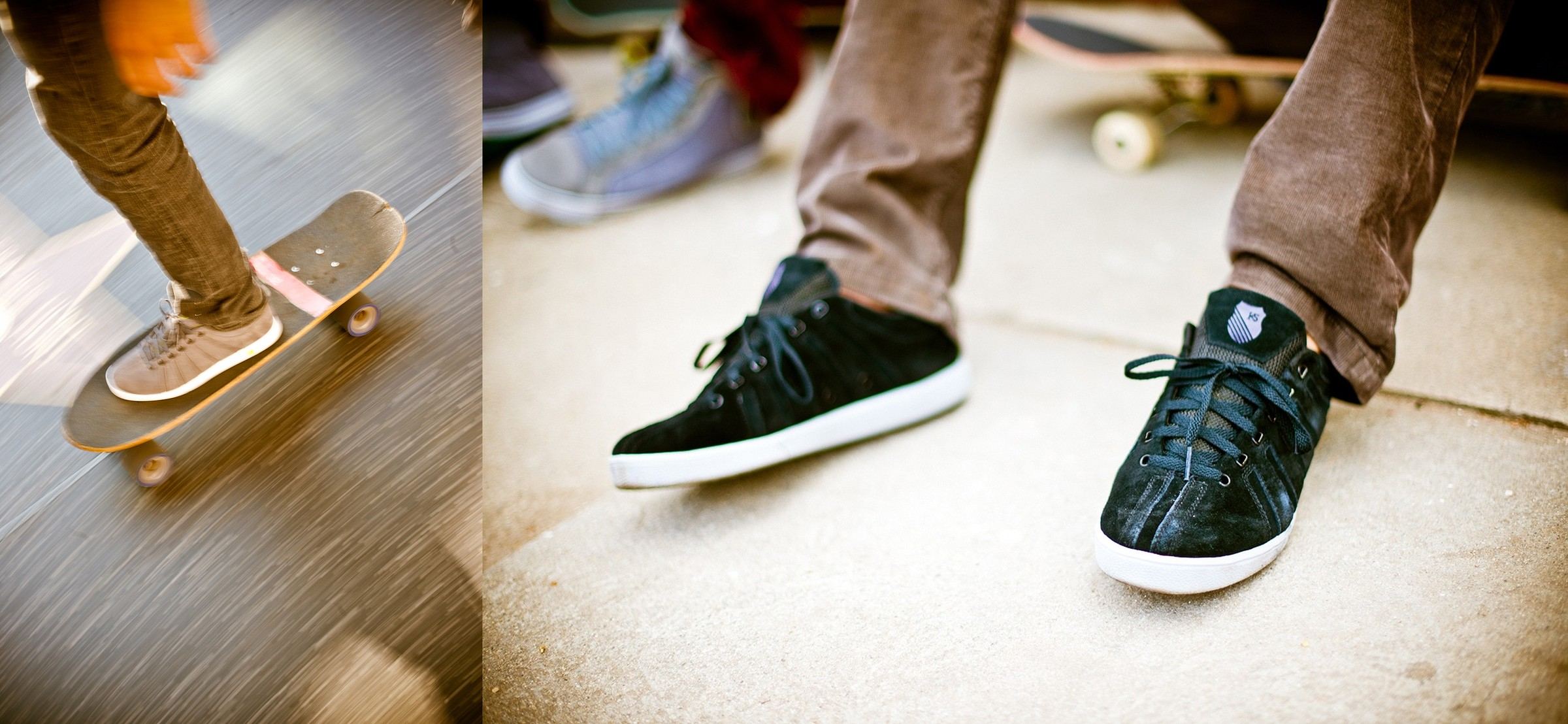 A skater riding a cruiser board in grey KS Classics, motion-blurred, beside a close-up of a skater in black suede KS Classics.