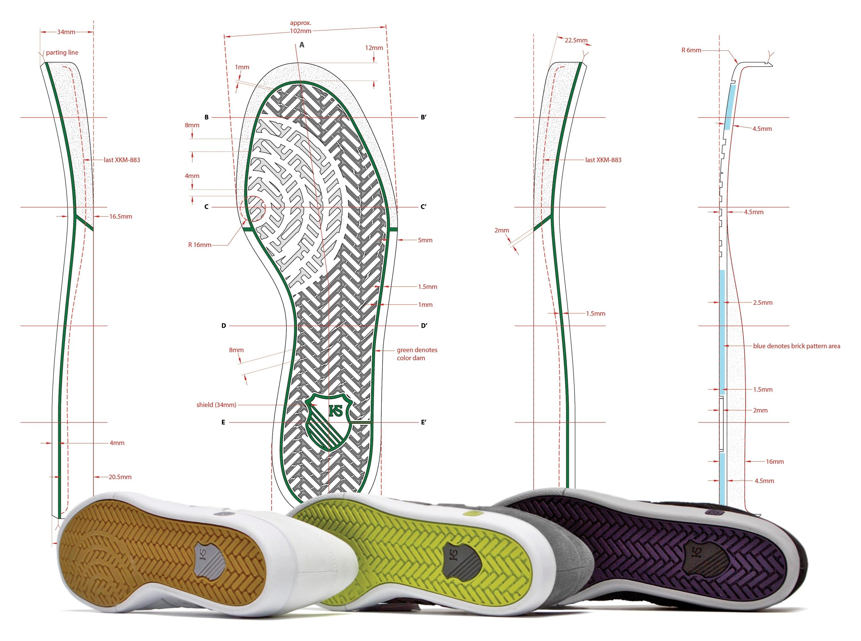 Outsole blueprint for the KS Classic with cross sections, sidewalls and a herringbone tread around a KS shield, above three outsoles in gum, yellow-green and purple.