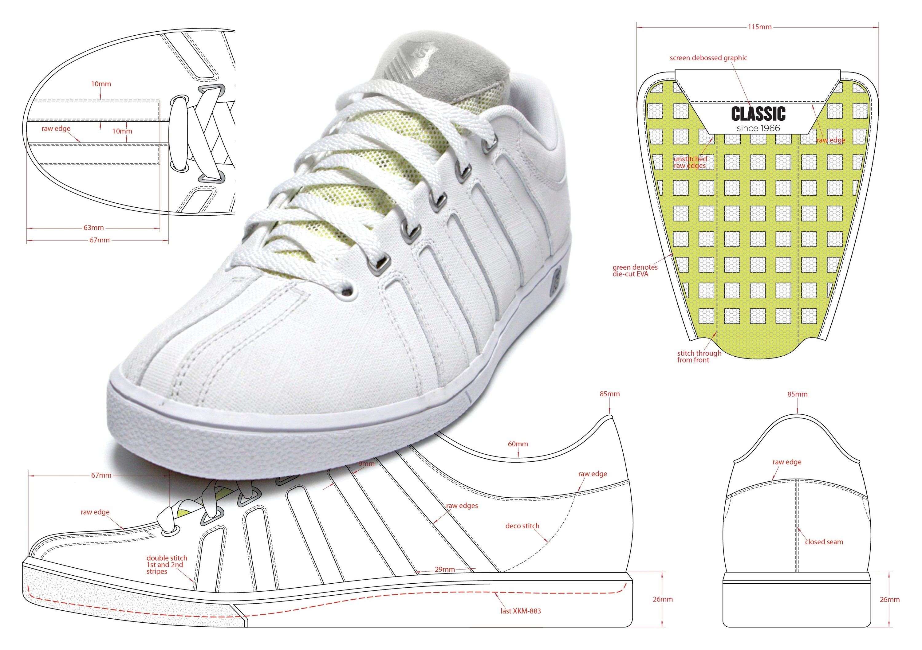 Tech drawings of the KS Classic, side, heel and top, with a grid-pattern sockliner marked Classic, beside the white canvas sample.