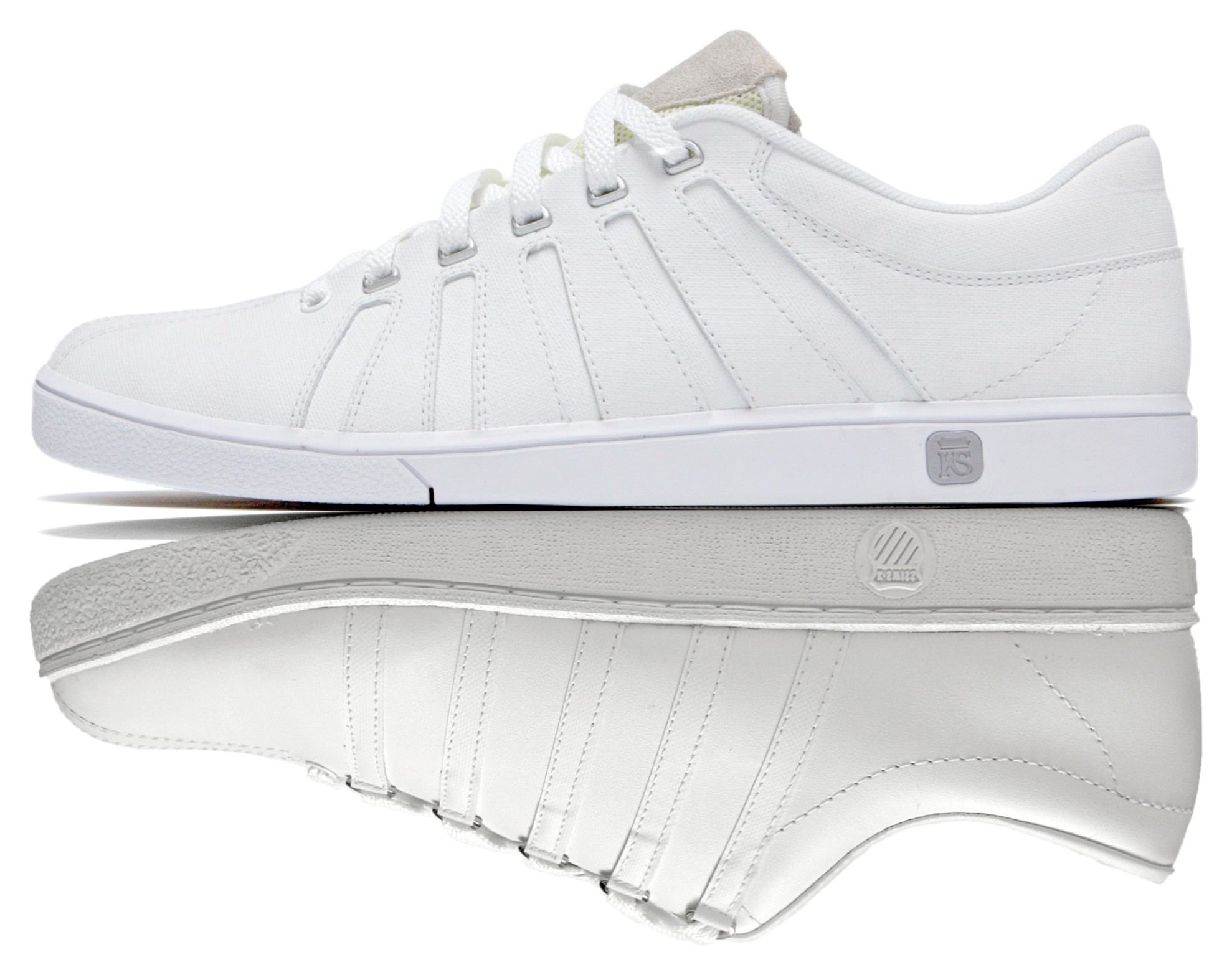 The white KS Classic above its mirror image, showing the five stripes carried onto a slimmer vulcanized profile.