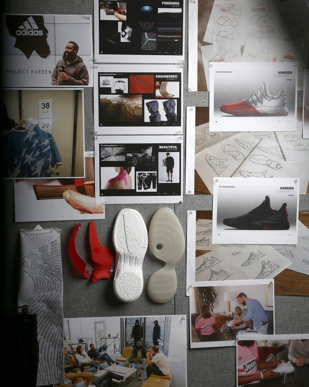 Design wall with outsole samples, material swatches, and reference images.