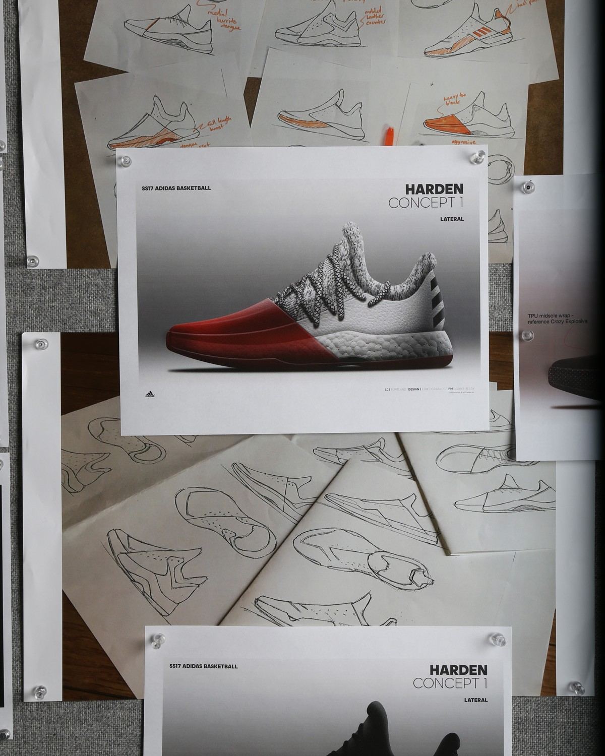 Design wall with a Harden concept rendering pinned among side-profile sketches.