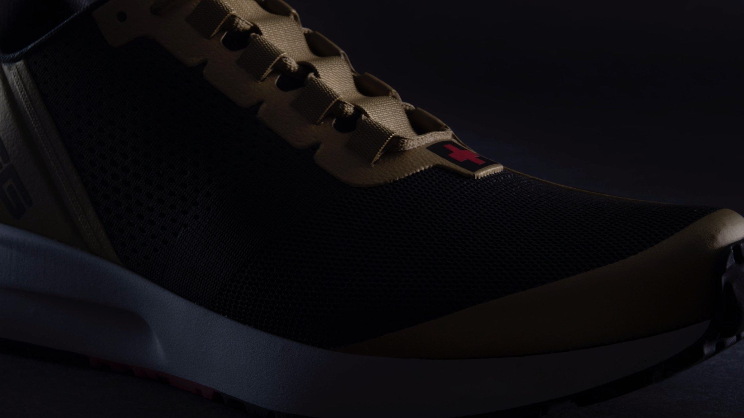 Close-up of the black and gold shoe at the toe, with tan laces and a gold toe cap.