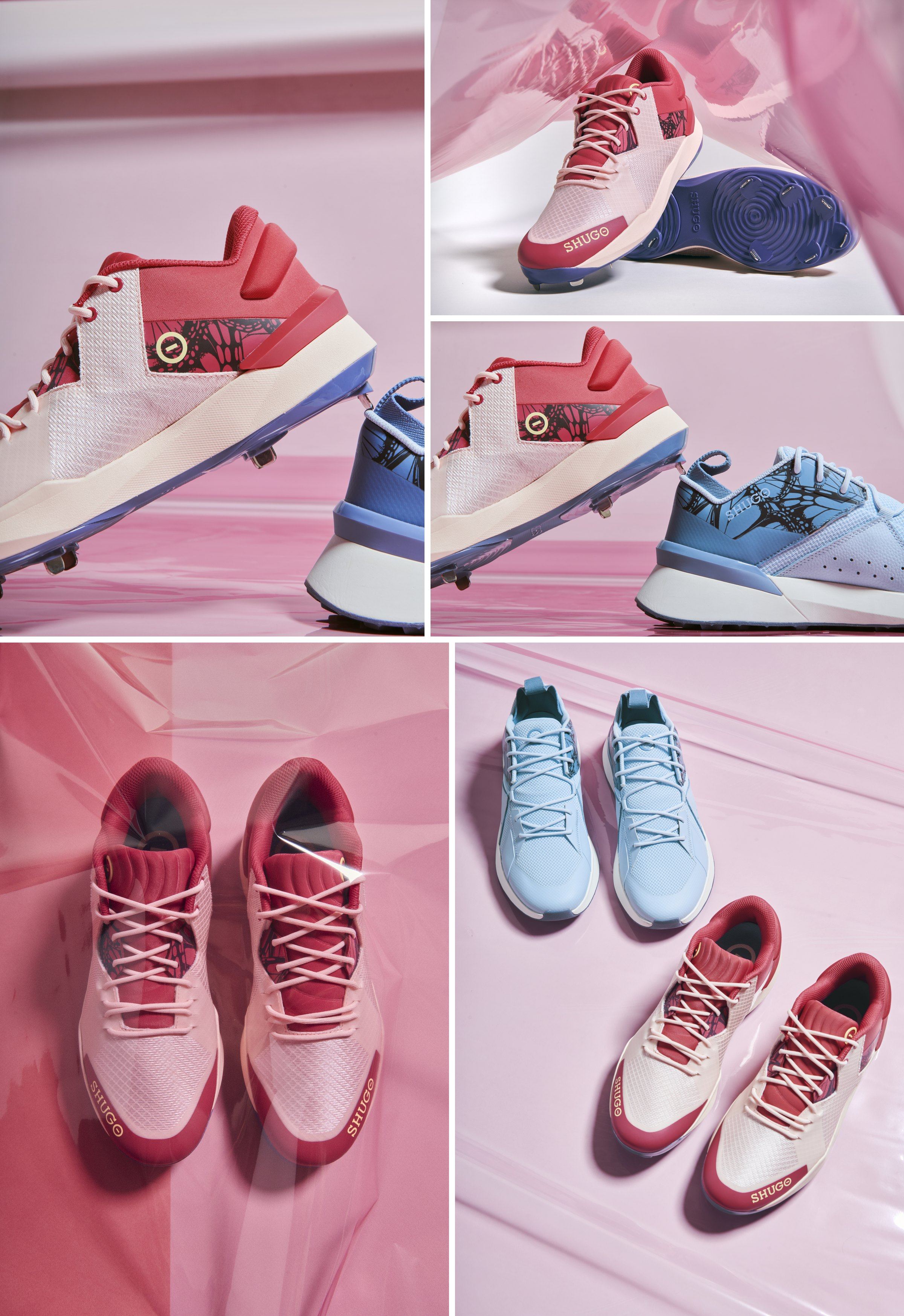 Butterfly colorway in pink and rose with blue plates on pink film, then two pairs from above.