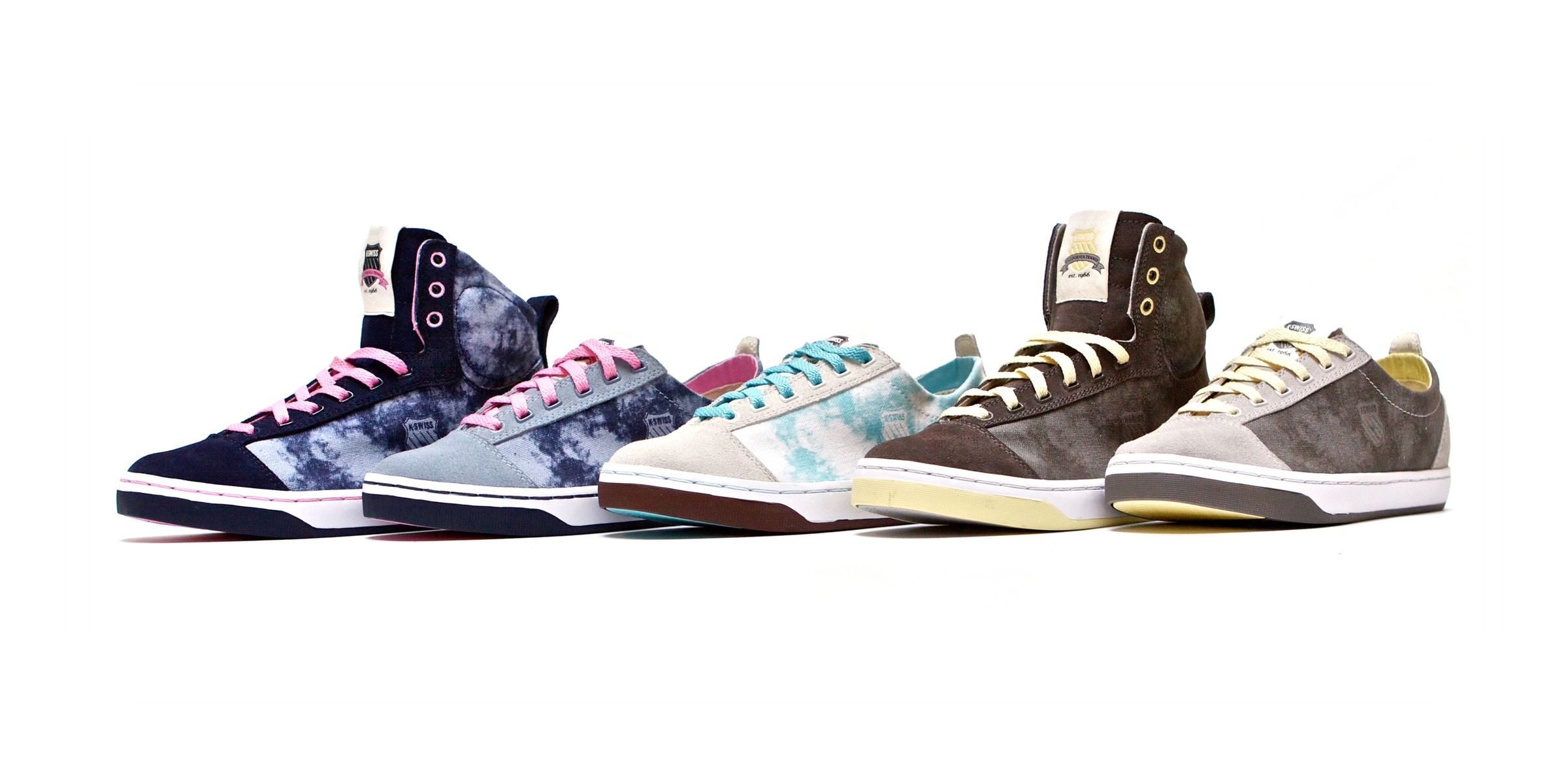 Five Slyons in a row, navy and light blue tie-dye, turquoise tie-dye, brown suede and grey suede, mids and lows.
