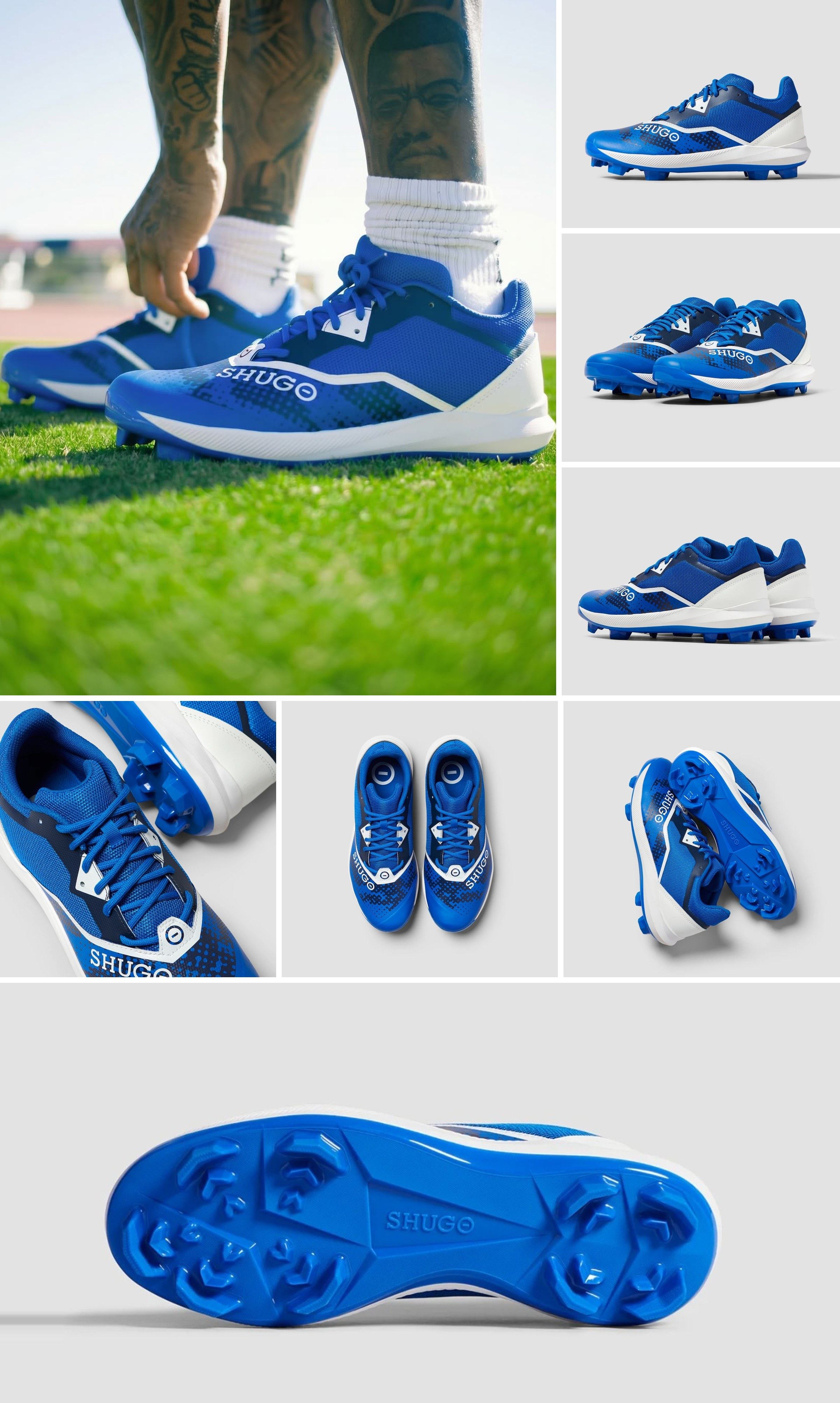 KAI 1 Core TPU montage in royal blue and white, a player lacing the cleats on the field beside a side view, a pair, and a pair from the heel, then a lace and logo close-up, a pair from above, and a pair showing the plates, above a full-width blue outsole.