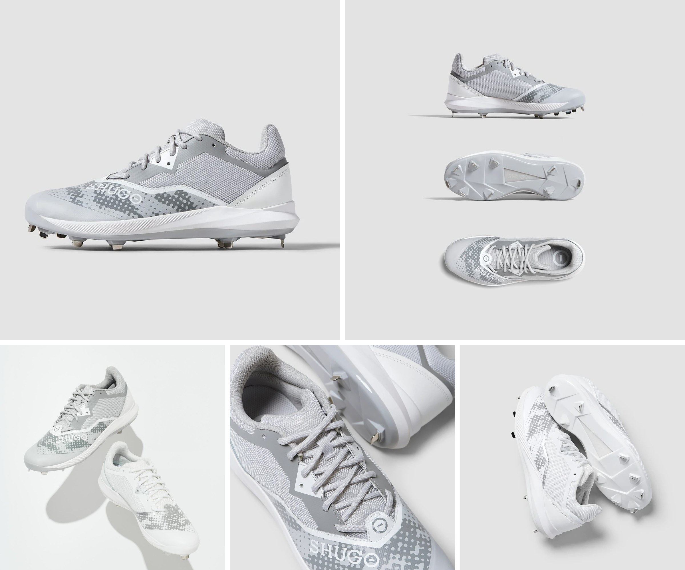 KAI 1 Core montage in grey and white, a side view and a three-view sheet, then a pair from above, a lace and logo close-up, and a pair showing the plates.