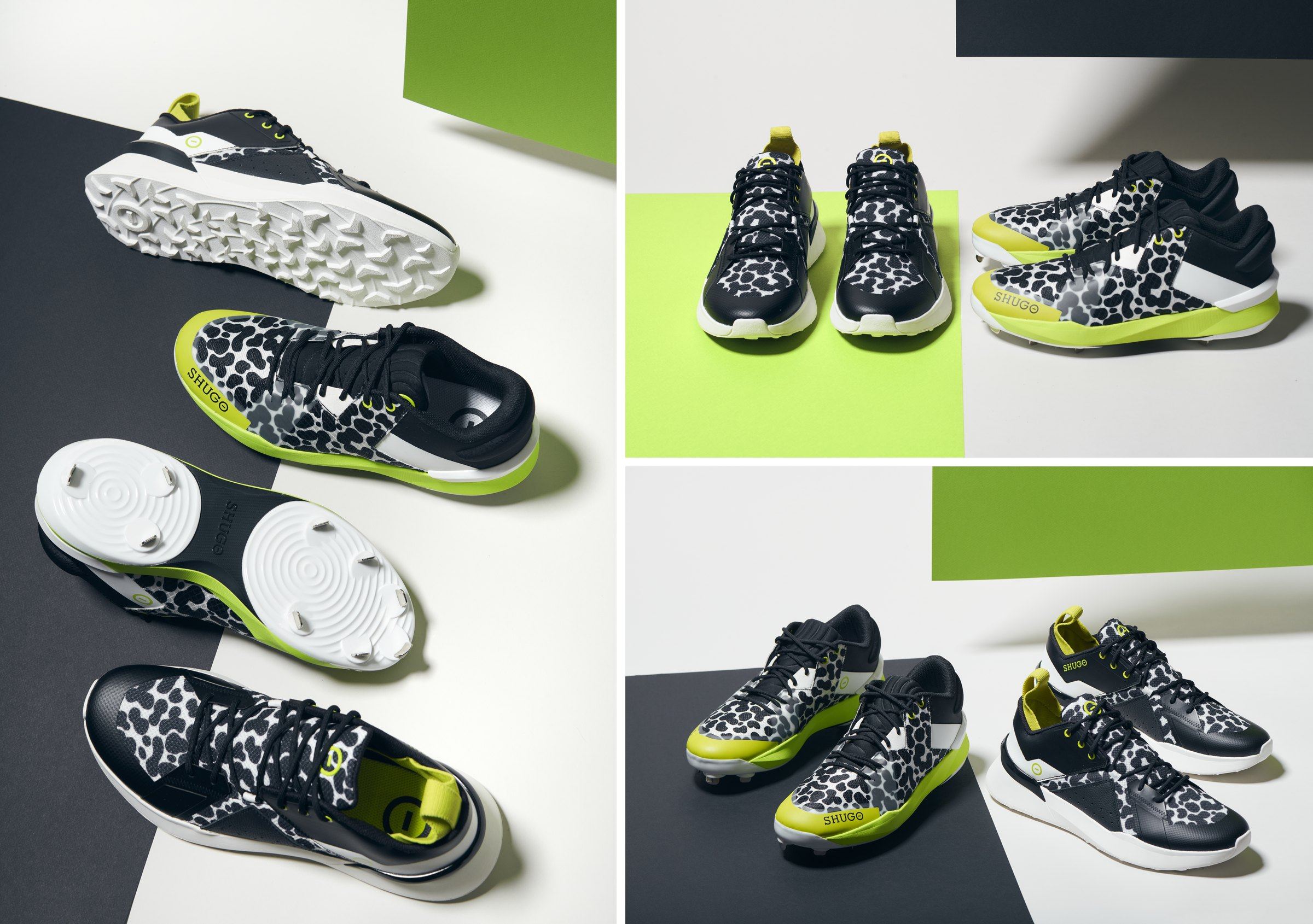 Eel colorway, black and white spotted uppers with volt green on a black, white, and green set, with the plates facing up.