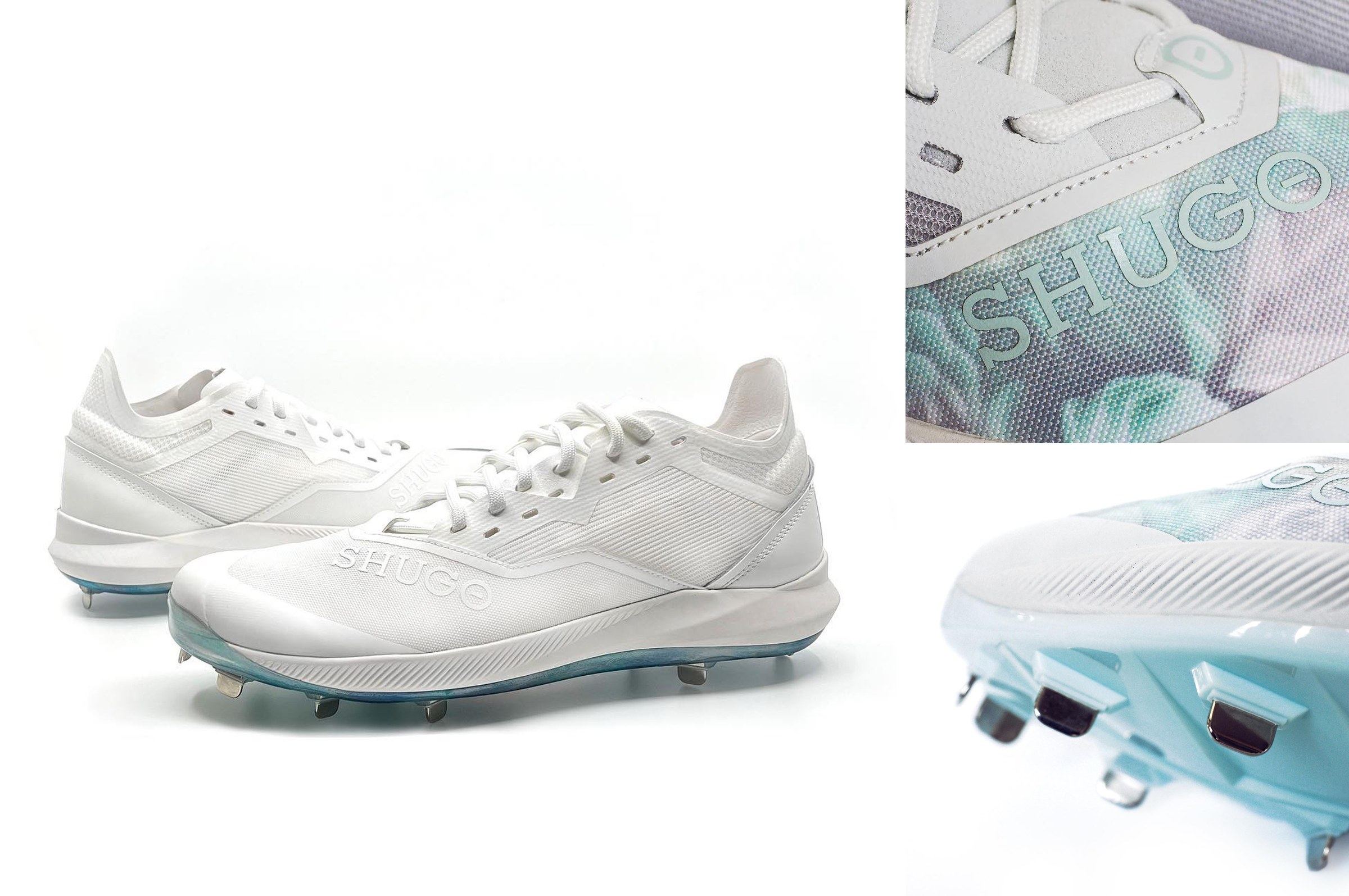 KAI 1 Elite montage, a large white pair on aqua plates with a tonal SHUGO wordmark, beside close-ups of the printed SHUGO toe and the aqua plate and studs.