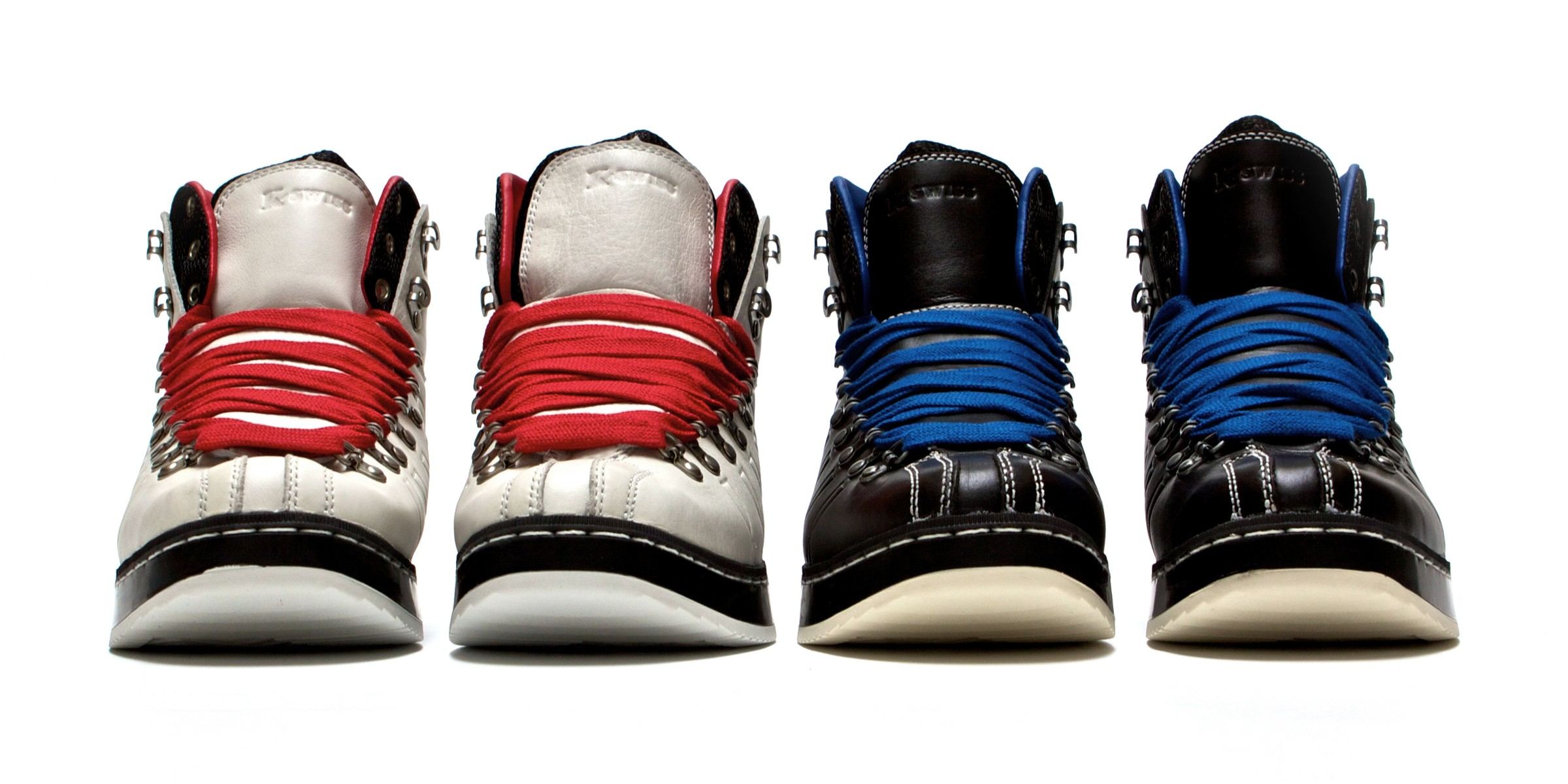 Front views of two pairs side by side, white with red laces and black with blue laces.