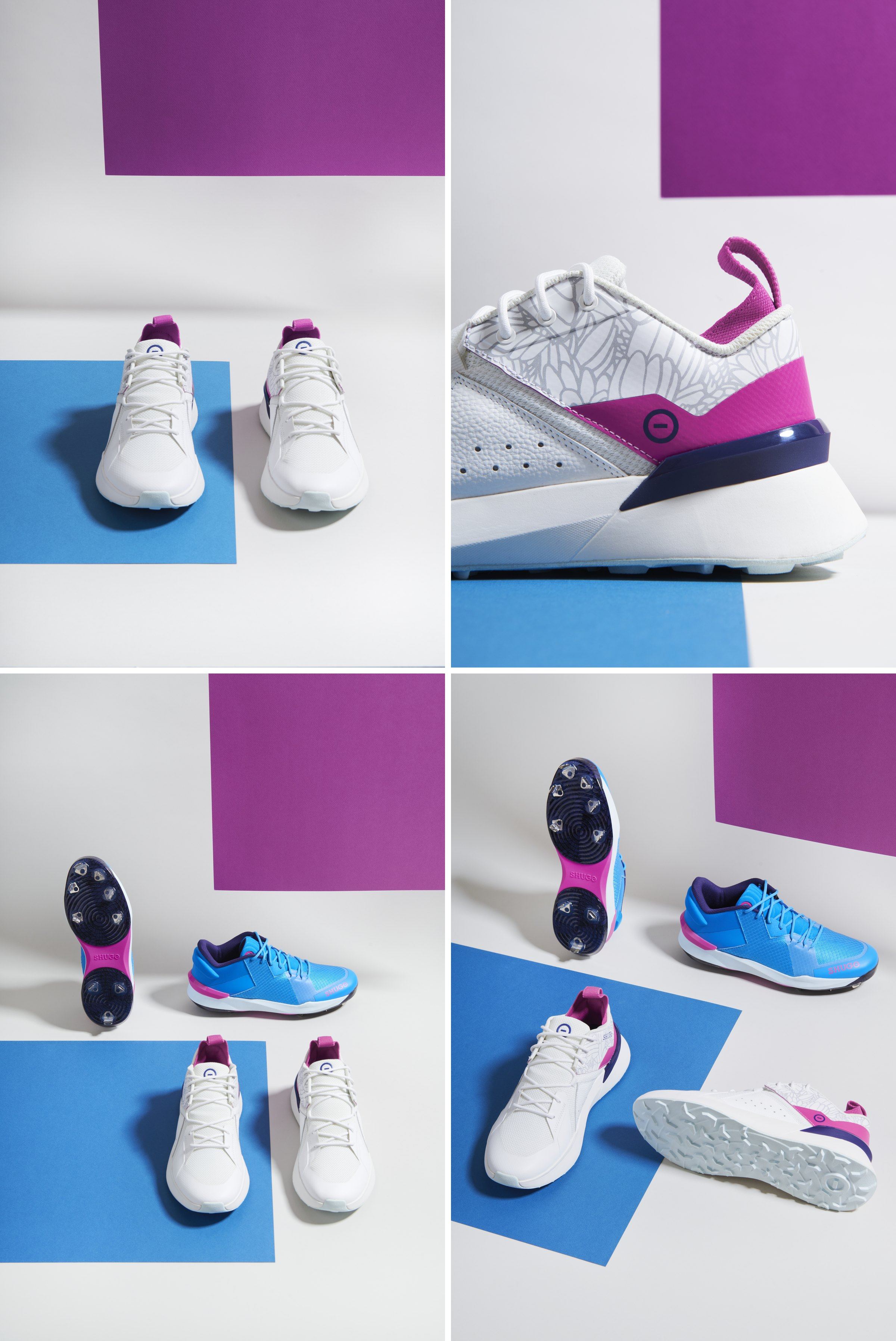 Hummingbird colorway in white with magenta and electric blue on blue and purple panels, pairs from above and plate views.