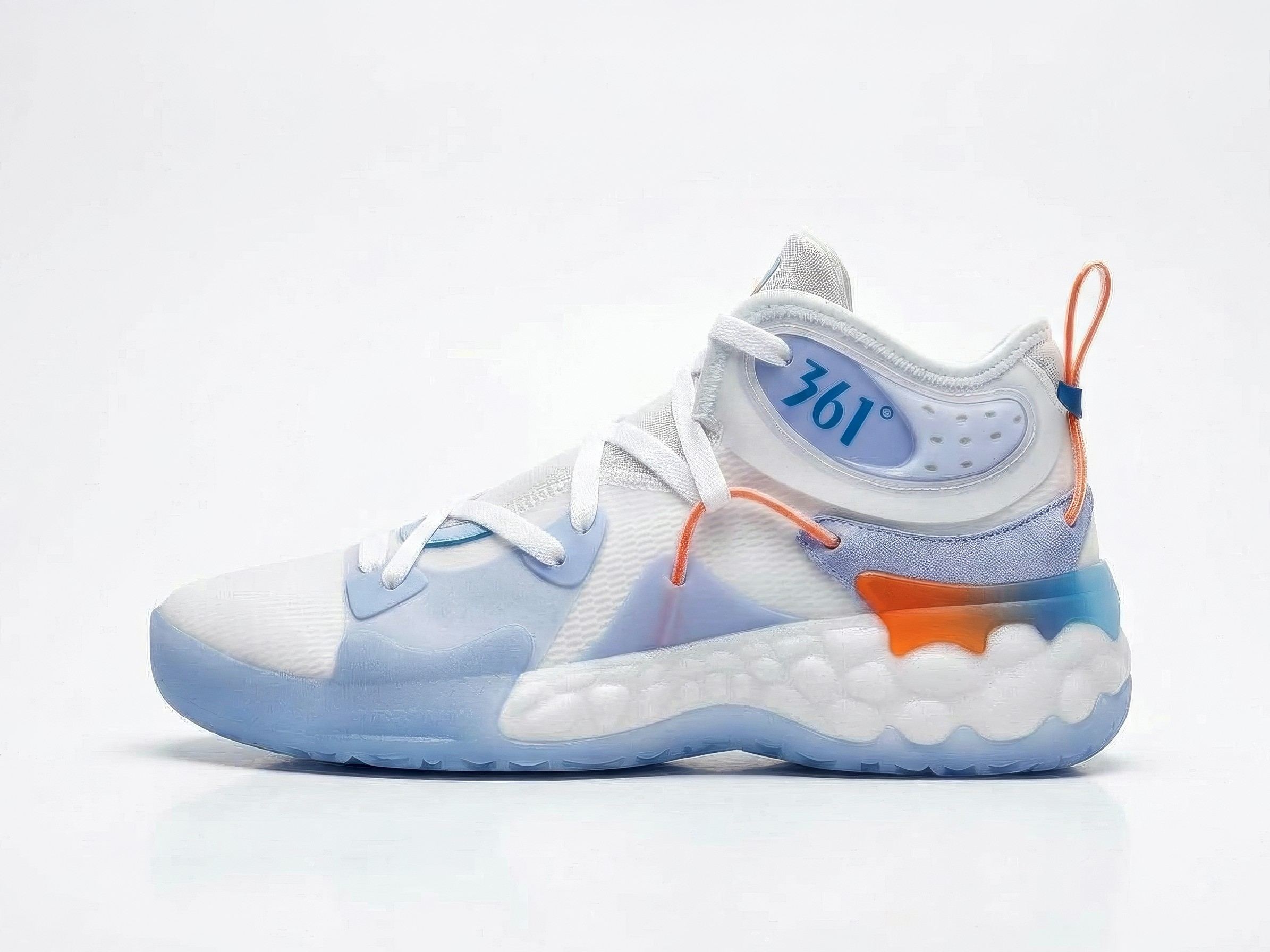 The finished shoe in white, lilac, and translucent blue, with an orange pull loop, a blue 361° heel badge, and a bubbled white midsole, lateral view.