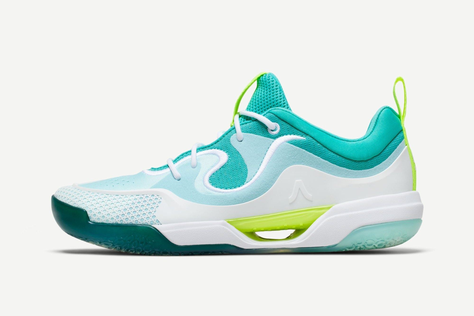 Avoli Low in white, aqua and teal with a lime heel loop and lime midsole window, lateral view.