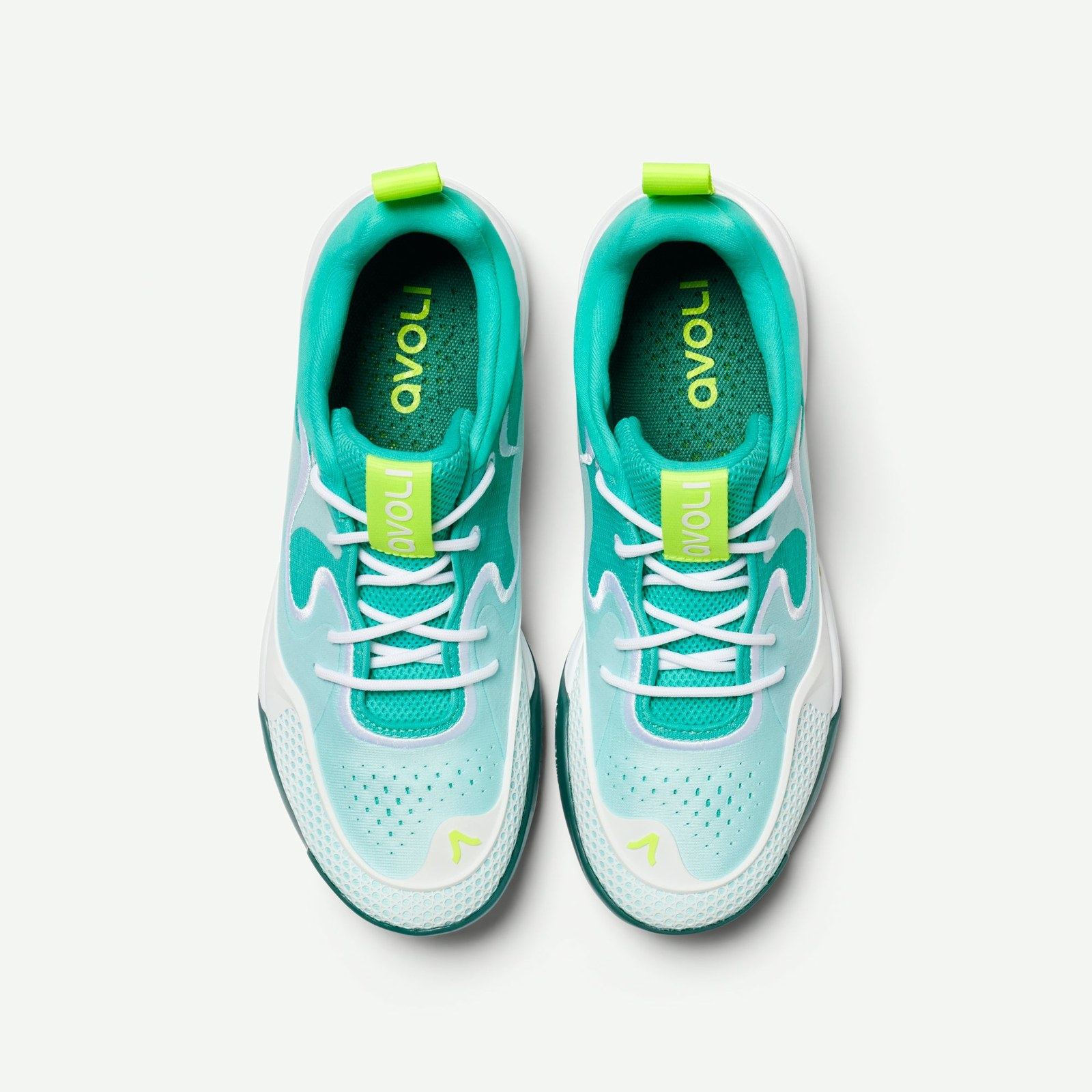 The teal Lows from above, with avoli printed on the lime insoles.