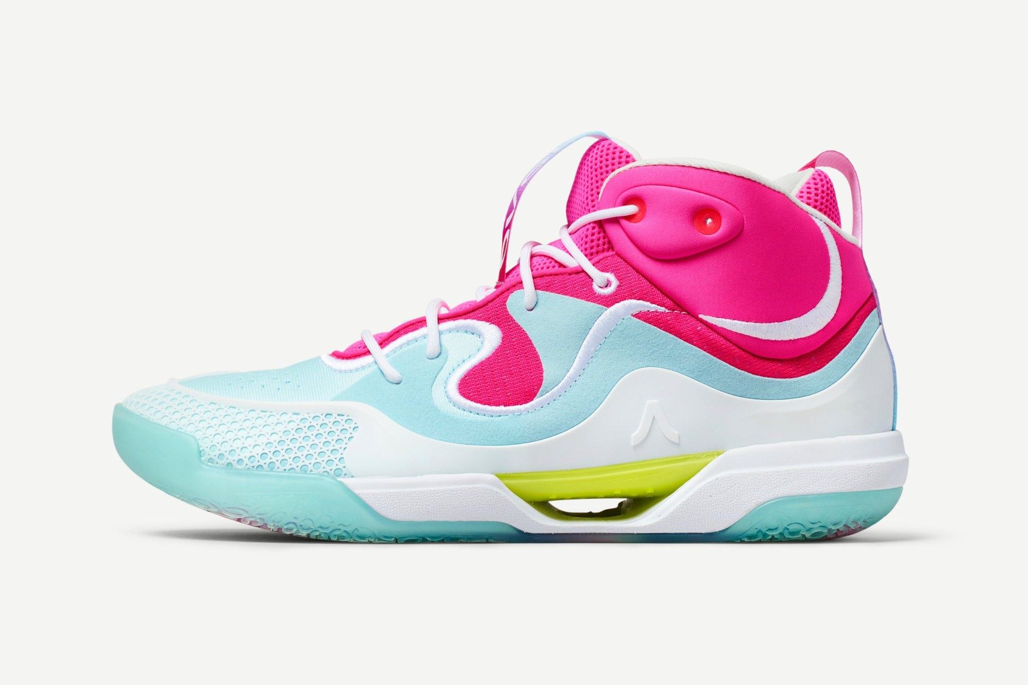 Avoli Mid in Cotton Candy, aqua and white with hot-pink overlays and collar, lateral view.
