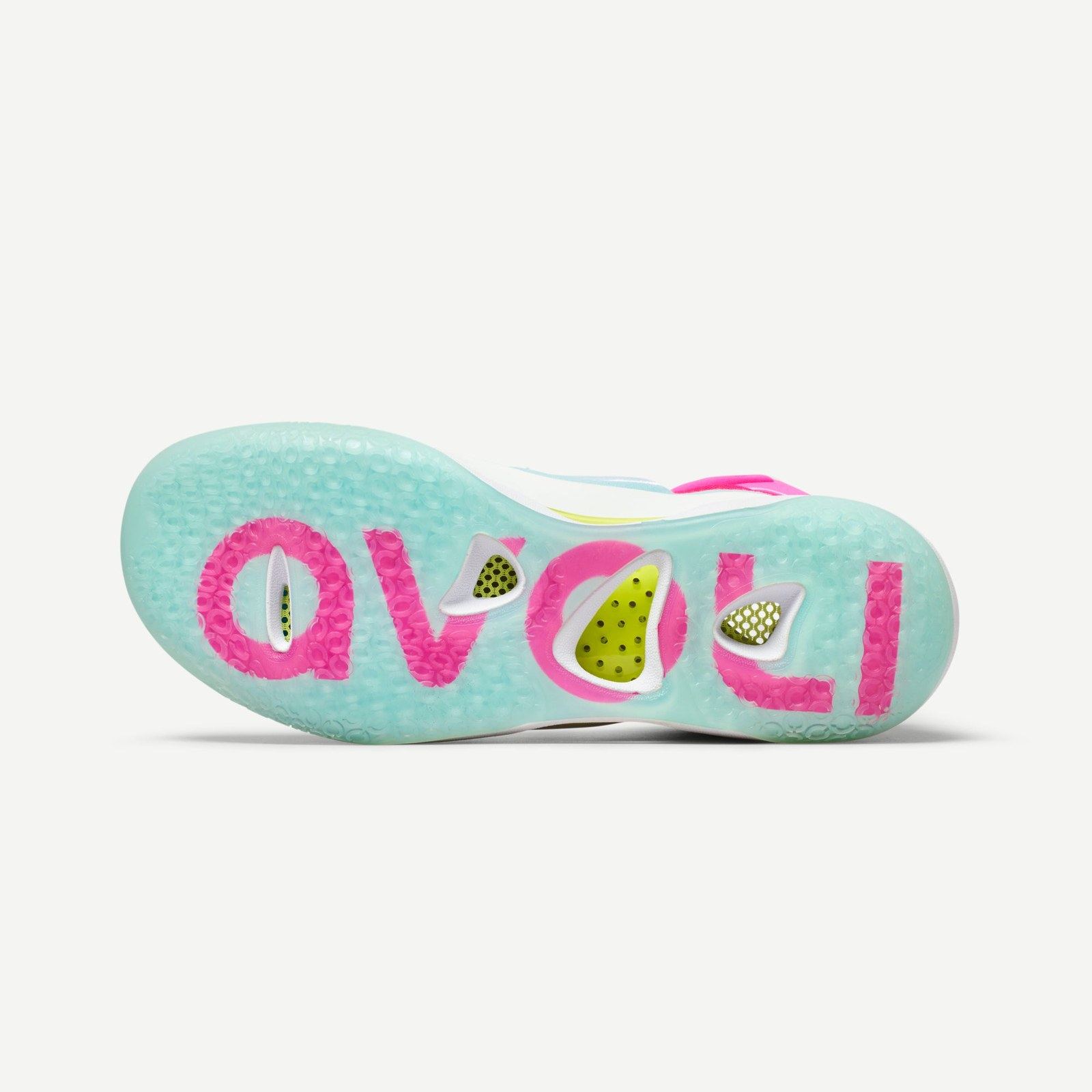 The Mid outsole with the avoli wordmark in pink on translucent aqua.