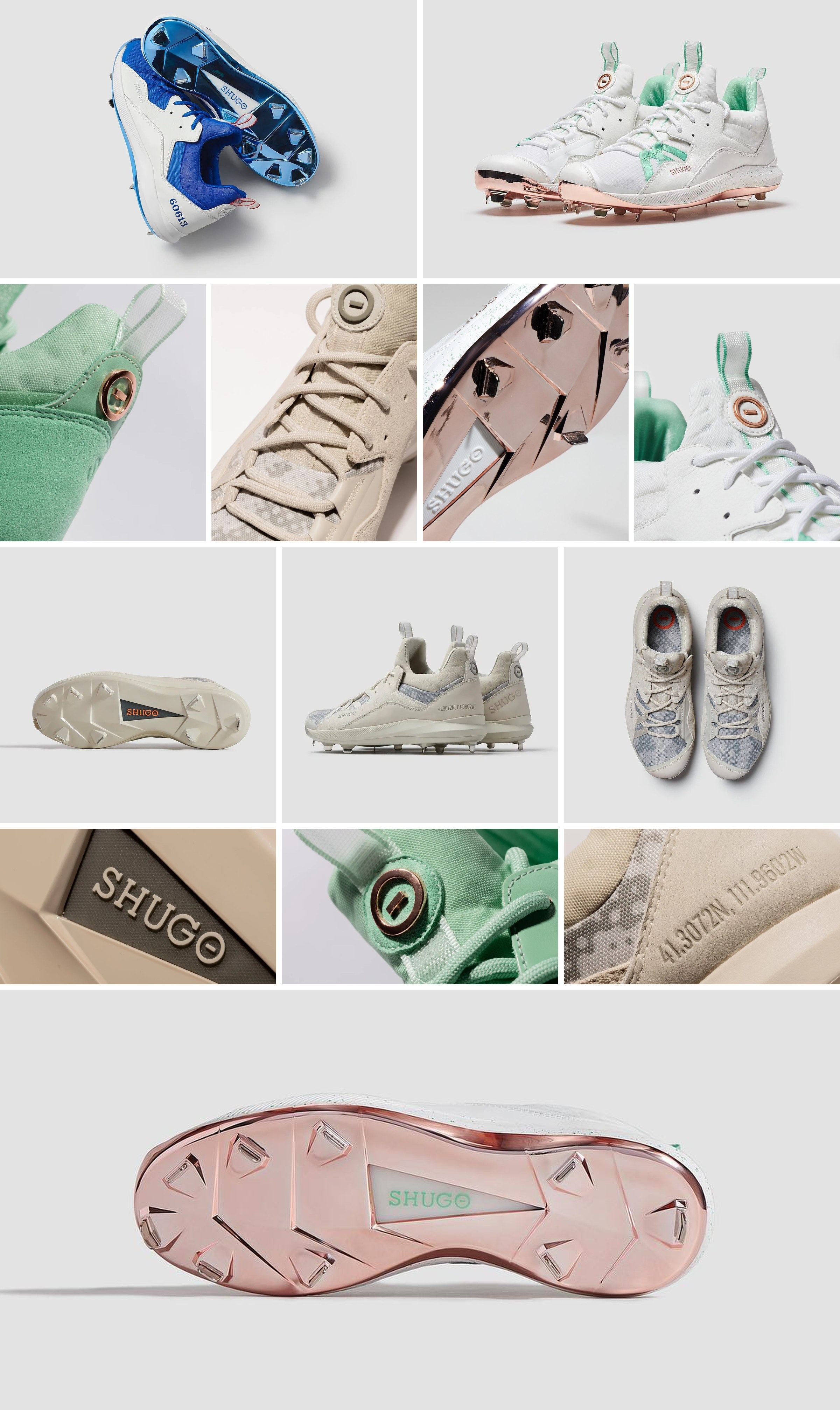 Photo montage of the Zero, with a royal blue and white Chicago pair on chrome blue plates, a white and mint pair on rose gold plates, a mint heel with a rose gold badge, cream laces, a rose gold plate close-up, the mint pull tab, a cream outsole, a cream pair at three-quarter view and from above, the SHUGO plate badge, a mint eyelet badge, coordinates debossed on a cream heel, and a rose gold plate from below.