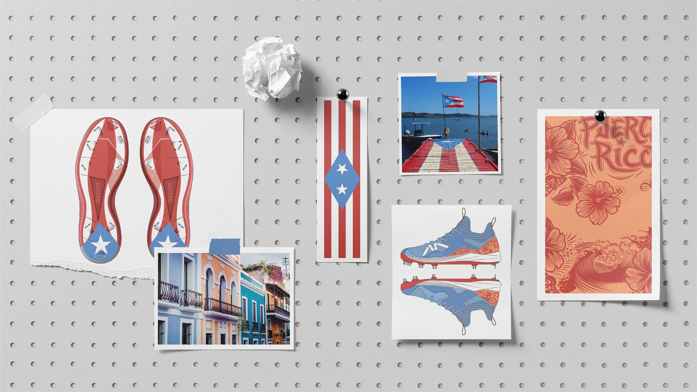 Puerto Rico colorway mood board on pegboard, with flag-striped plate sketches, cleat sketches, an Old San Juan street, a flag, and a floral print.