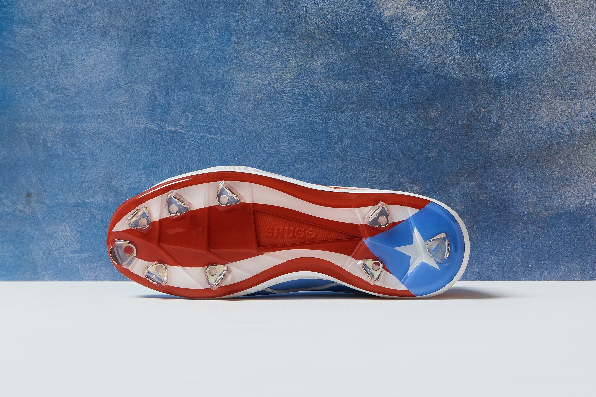 Puerto Rico plate, red and white stripes with a white star on a blue heel, photographed on blue.