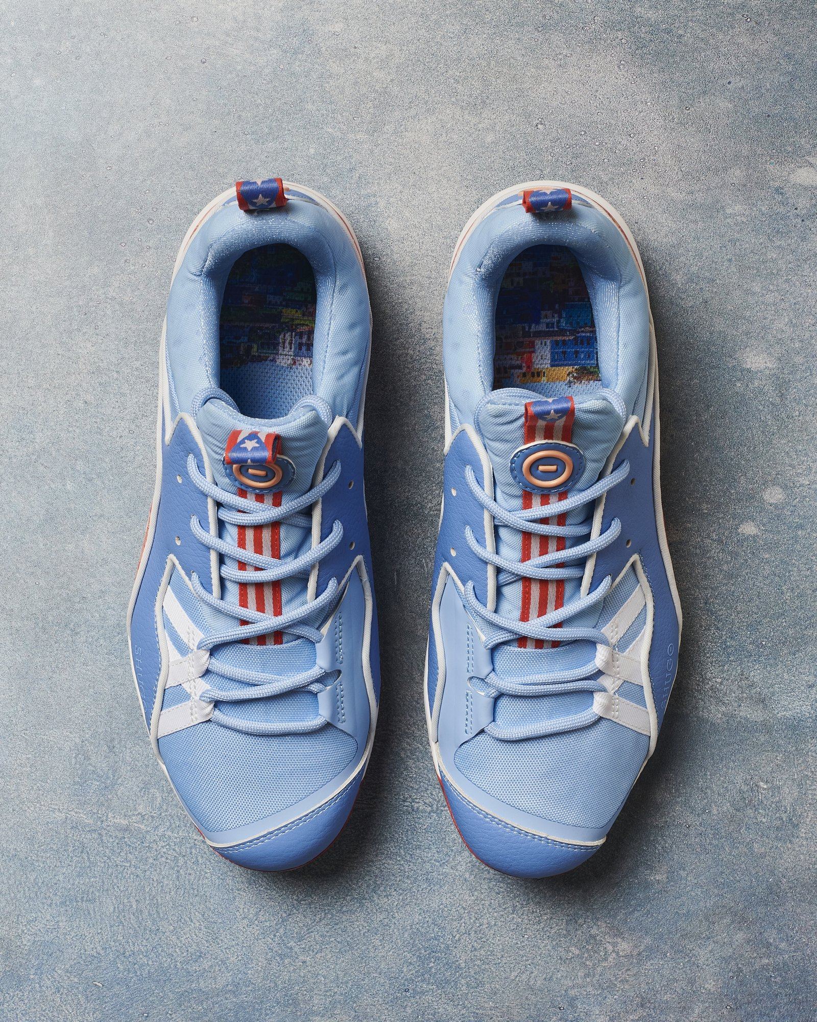 The Puerto Rico pair from above on blue stone, with striped tongues and Old San Juan sockliners.