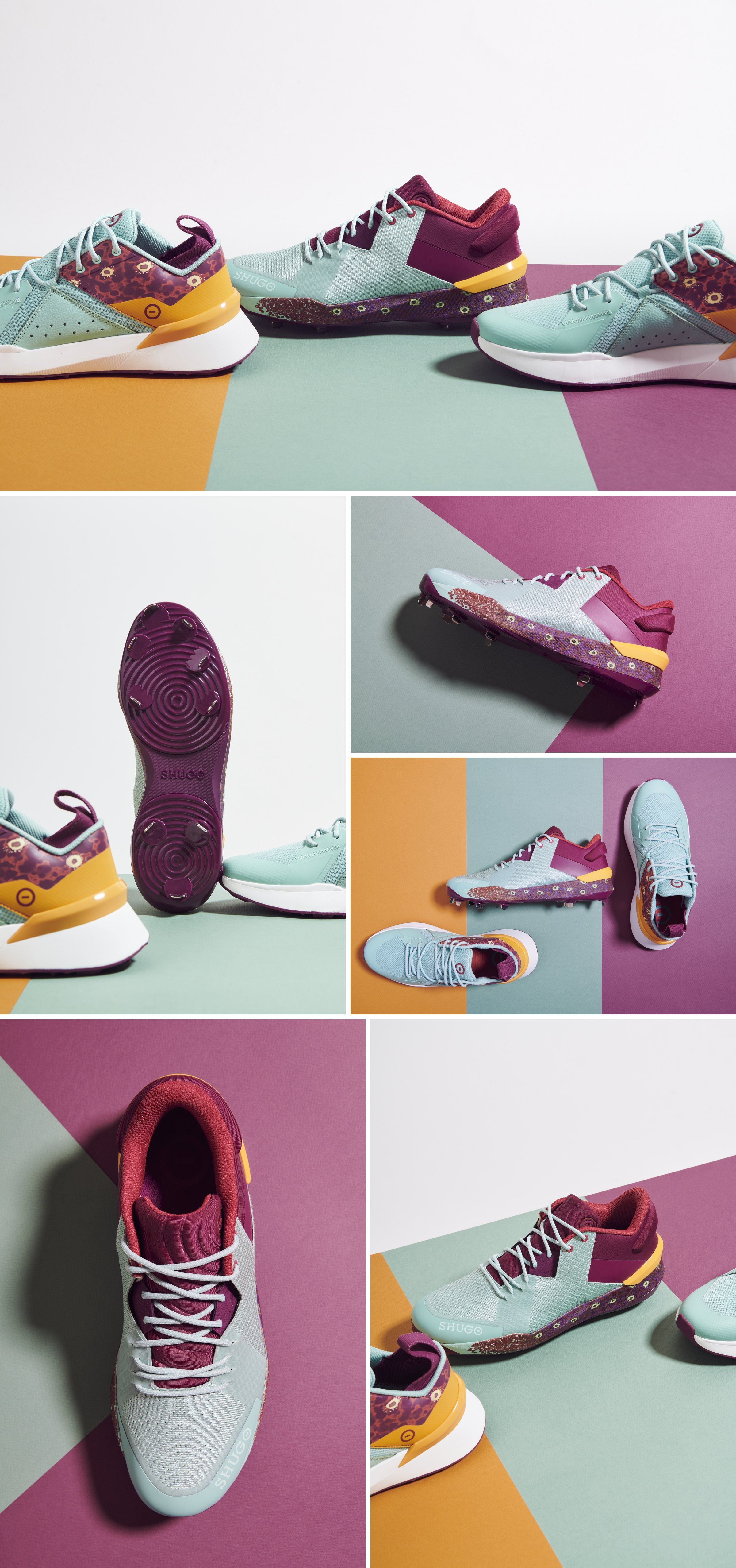 Squid colorway in mint with plum heels and orange and squid-skin midsoles on mint, orange, and plum panels, with outsole and top views.