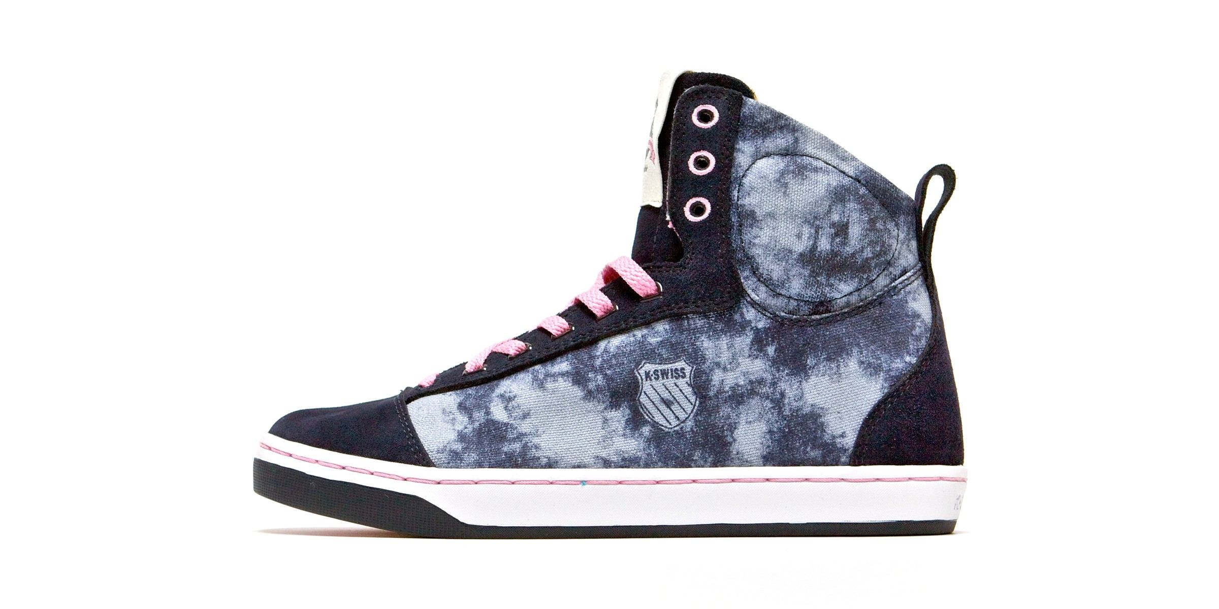 The Slyon mid in navy suede and blue tie-dye canvas with pink laces and eyelets and a K-Swiss shield, side view.