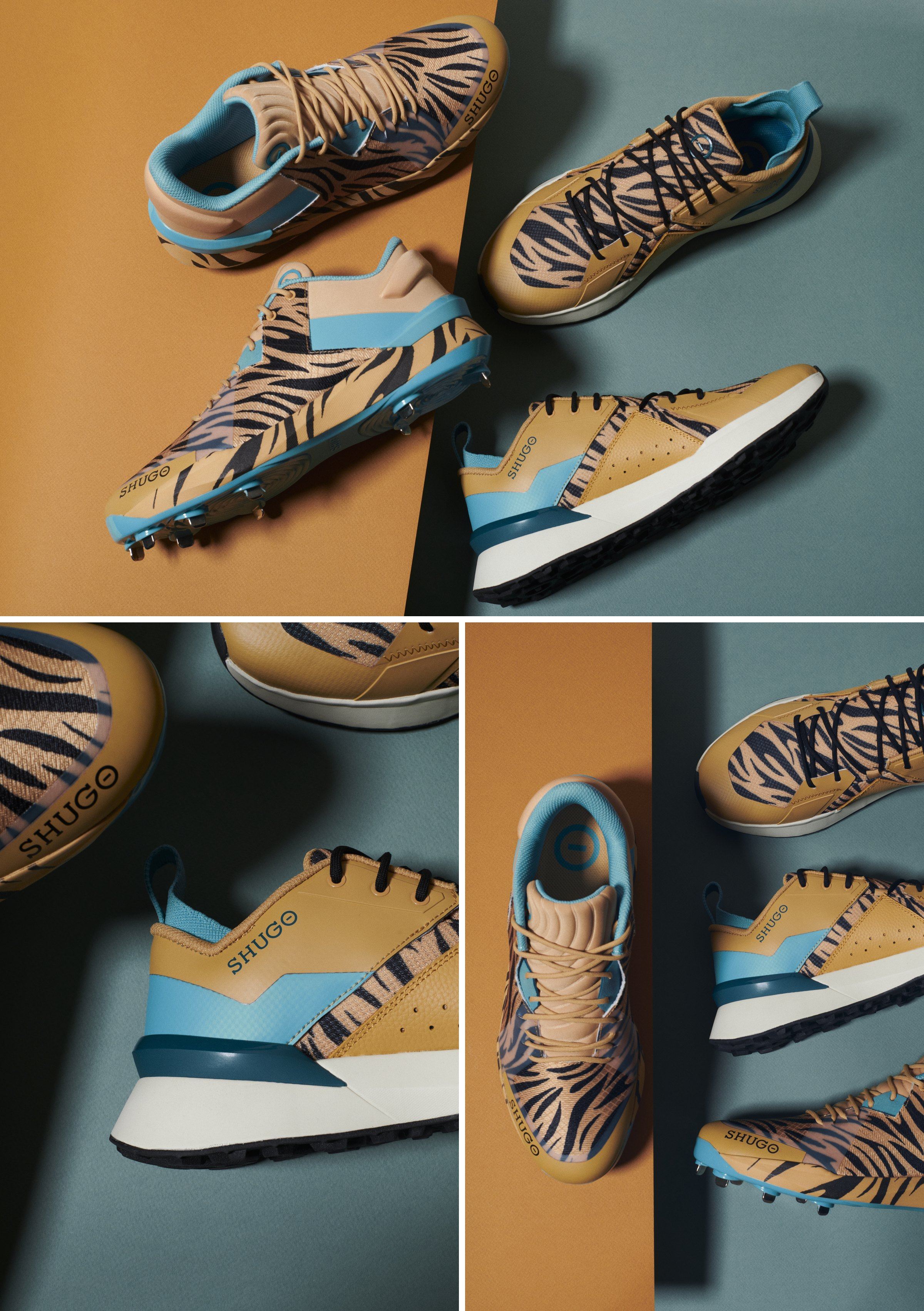 Tiger colorway, KAI 2 and ZEN 2 in tan with navy tiger stripes and sky blue heels on orange and slate, then a heel close-up and a top view.