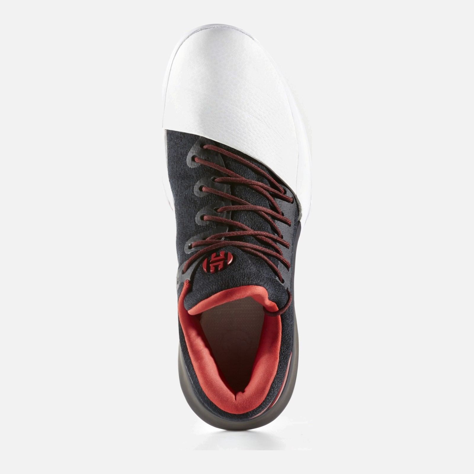 Harden Vol. 1 from above, showing the knit upper, red laces, and H logo on the tongue.