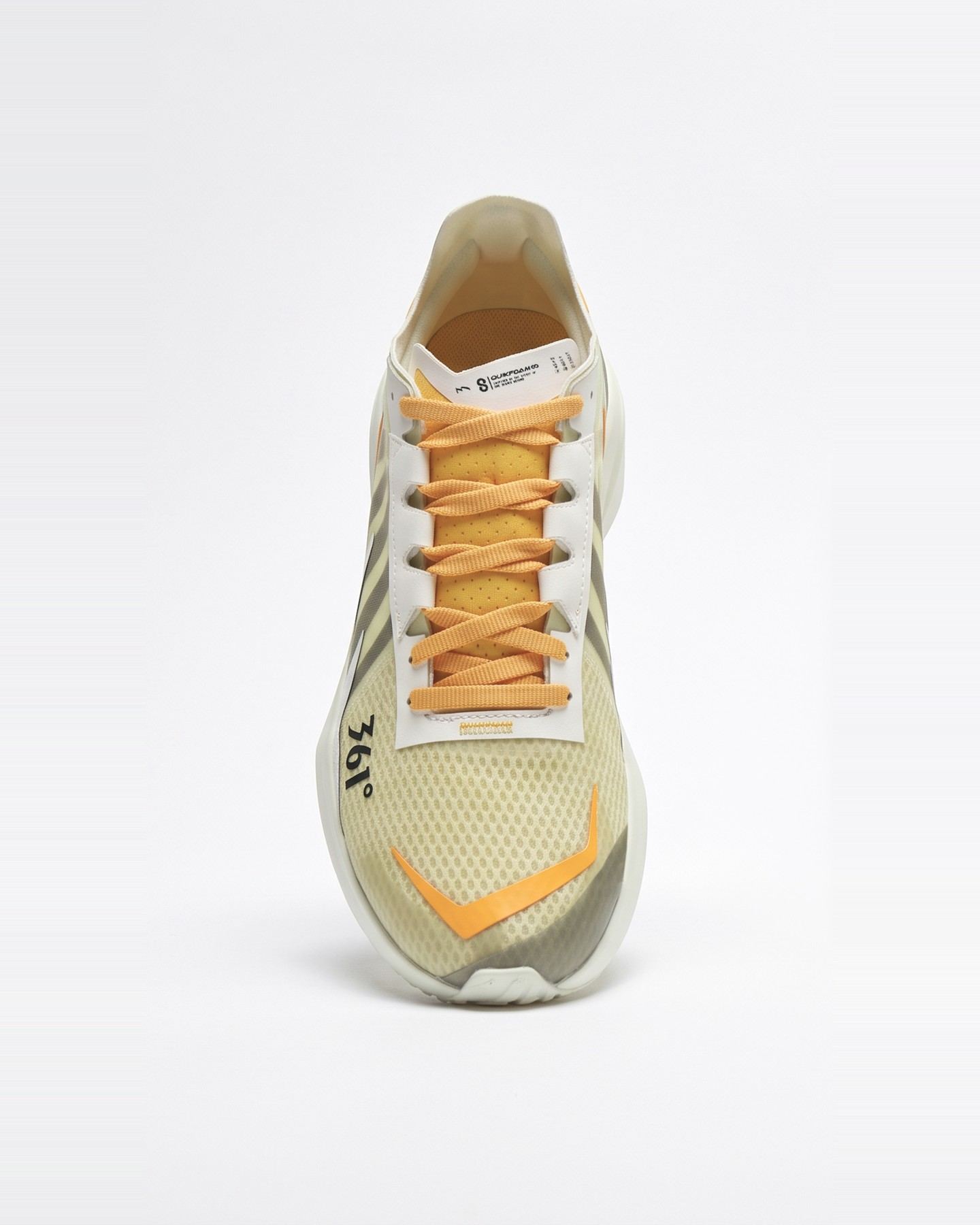 The finished shoe from the front and above, with orange laces and a 361° logo on the quarter.