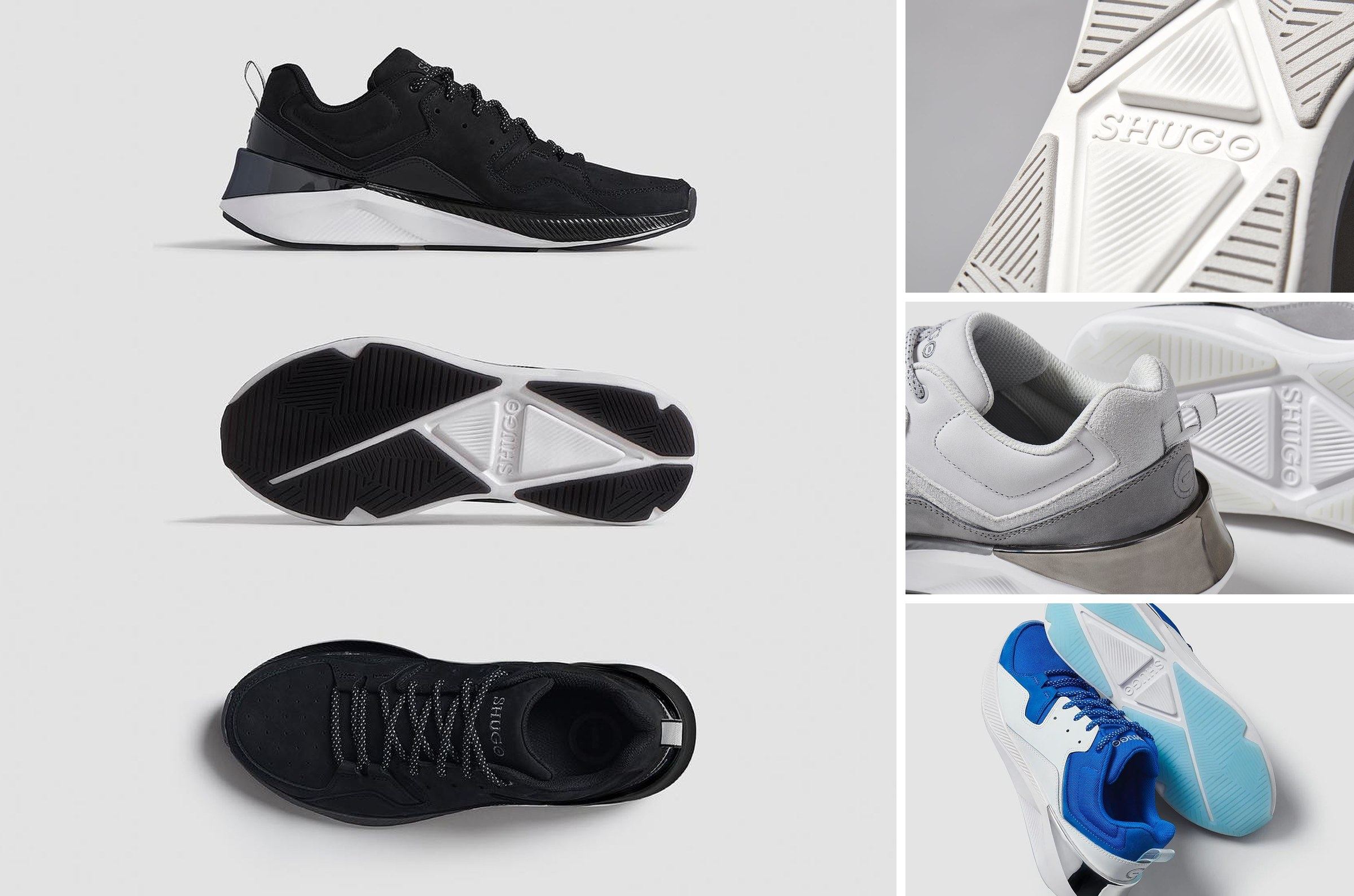 SHUGO TR trainer montage, the black colorway in side, sole, and top views beside a white outsole with the SHUGO wordmark, a grey heel with a chrome counter, and a royal blue pair.