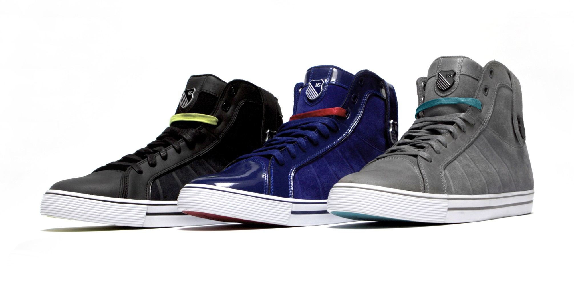 Three HWD Mids in black, blue patent and grey suede.