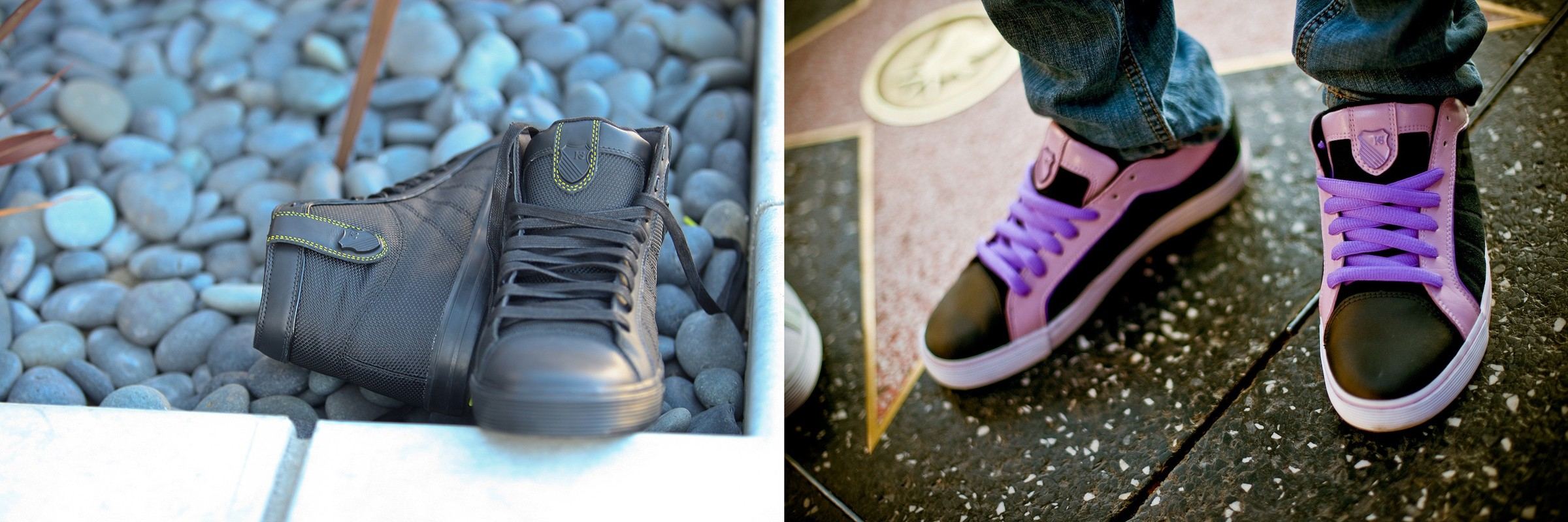 A pair of black HWD Mids with neon yellow stitching set on river stones, beside purple and black HWD Lows on a Hollywood Walk of Fame star.