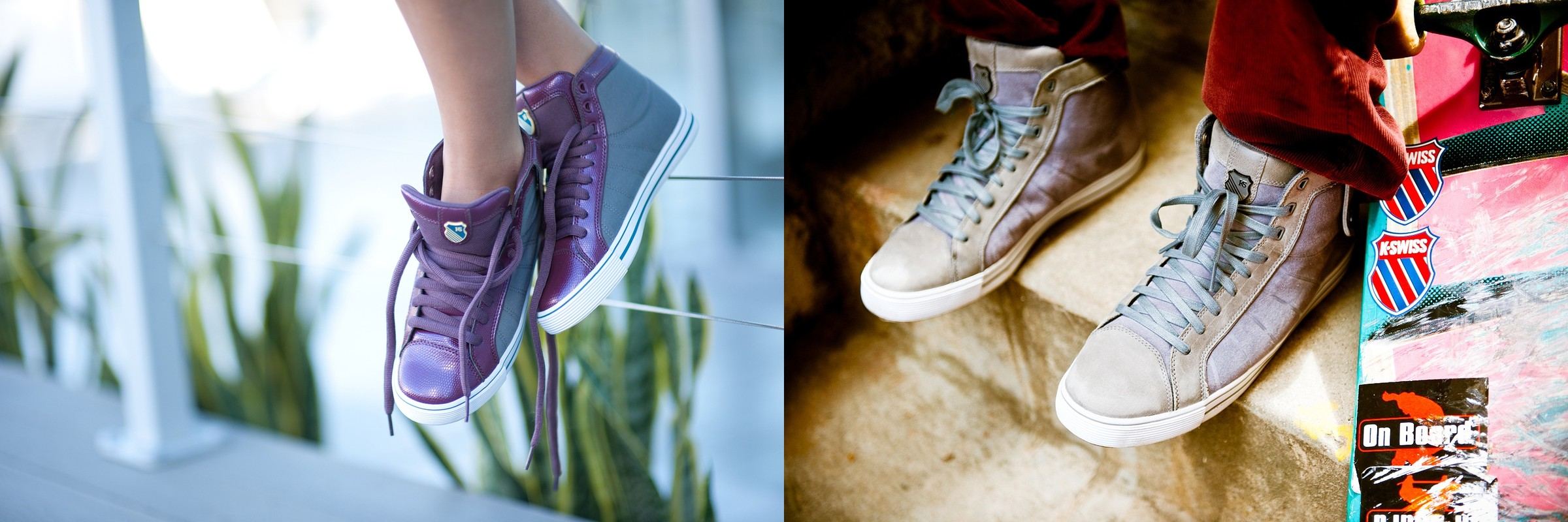 A purple and grey HWD Mid worn on a balcony rail, and a pair of grey HWD Mids worn on a step beside a skateboard with K-Swiss stickers.