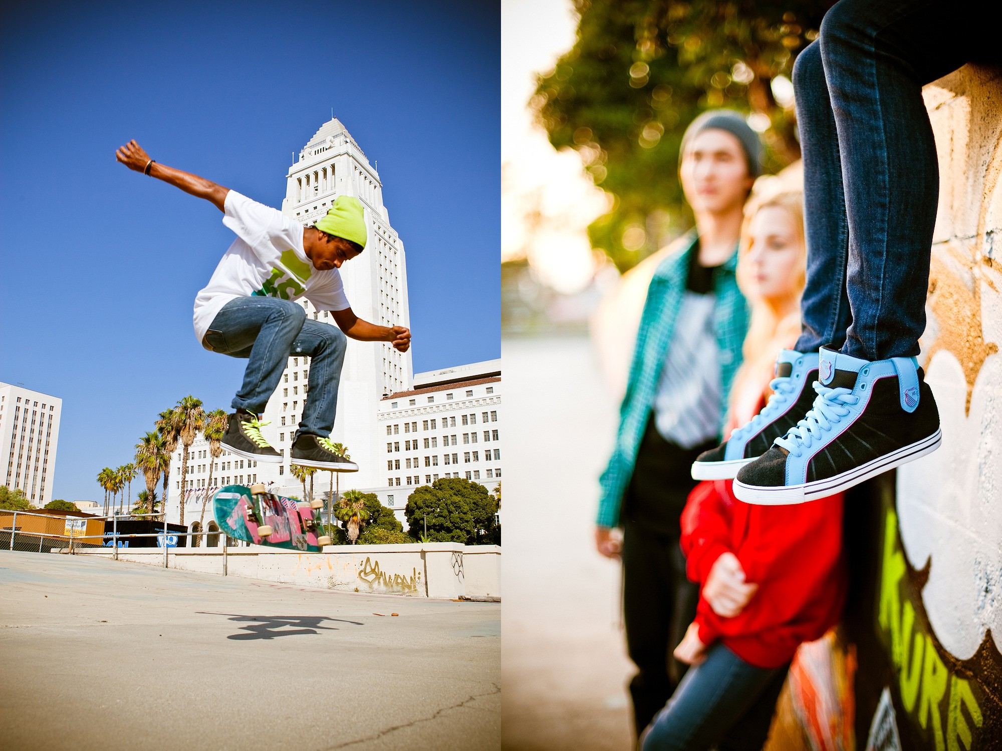 A skater airborne in front of Los Angeles City Hall in the black HWD Mid, beside a skater sitting on a wall in the black and blue HWD Mid.