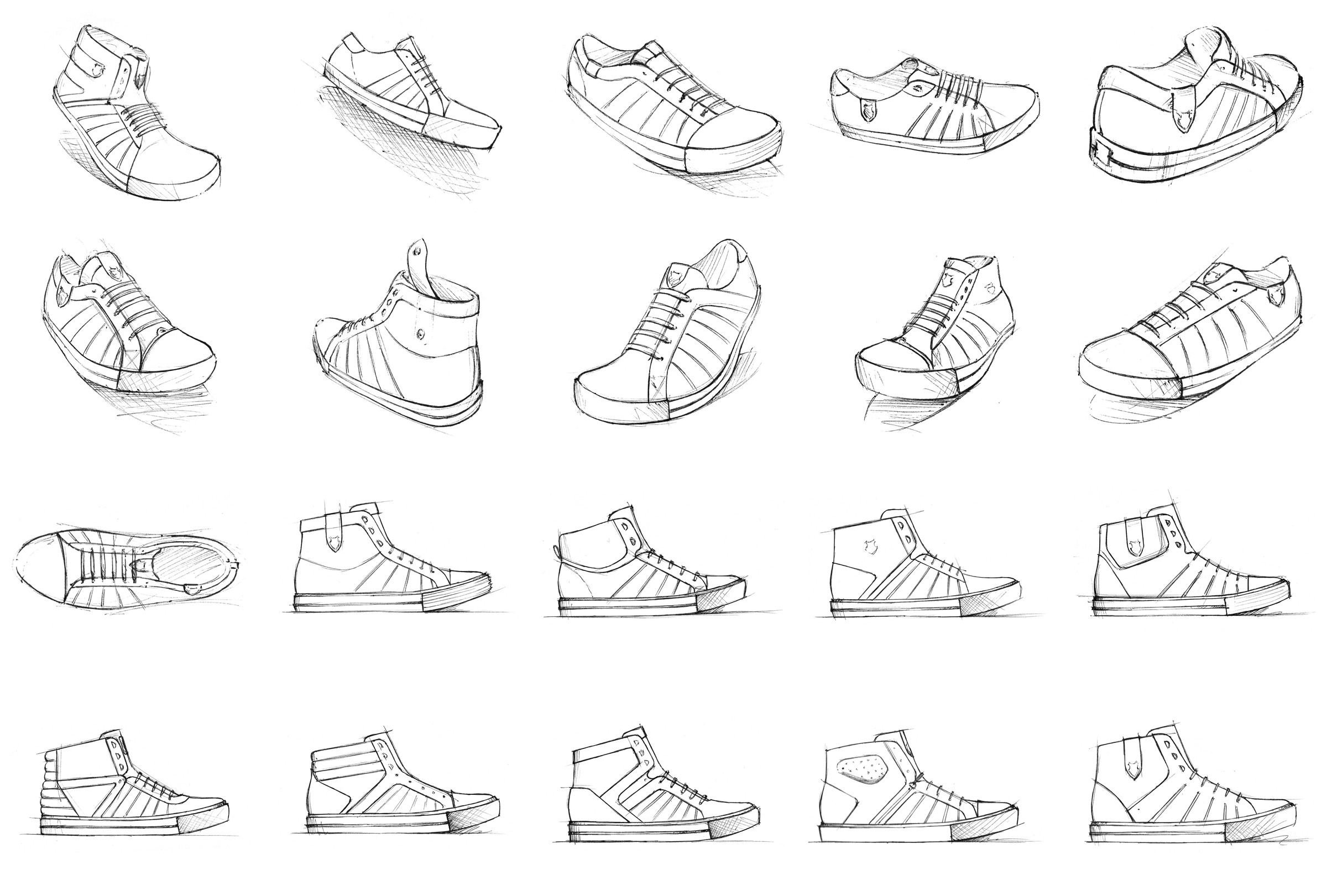 Twenty pencil sketches of the HWD in side and perspective views, exploring collar straps, stripes and toe caps, with the final HWD Mid in the third row.